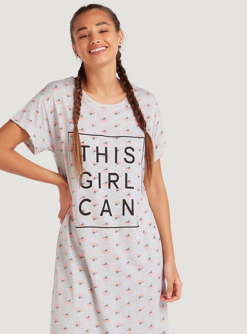 Printed Round Neck Night Gown with Short Sleeves-women-clothing-nightwear-nighties-image-5