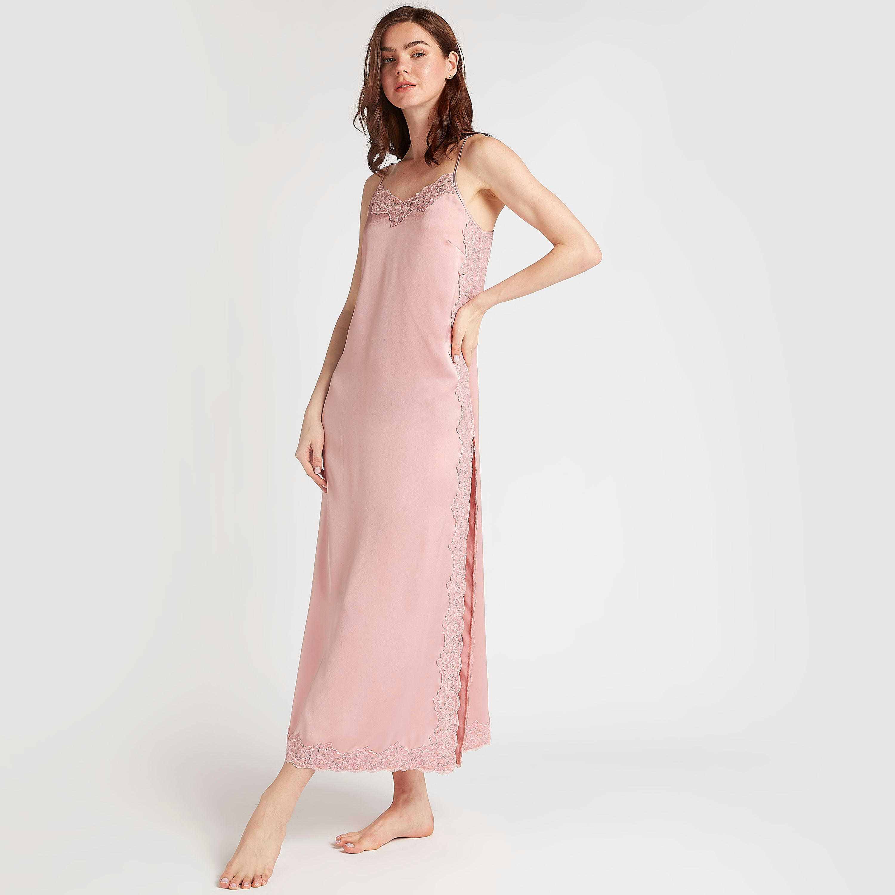 Solid V-neck Nightgown with Lace Detail and Straps-women-clothing-nightwear-nighties-image-1
