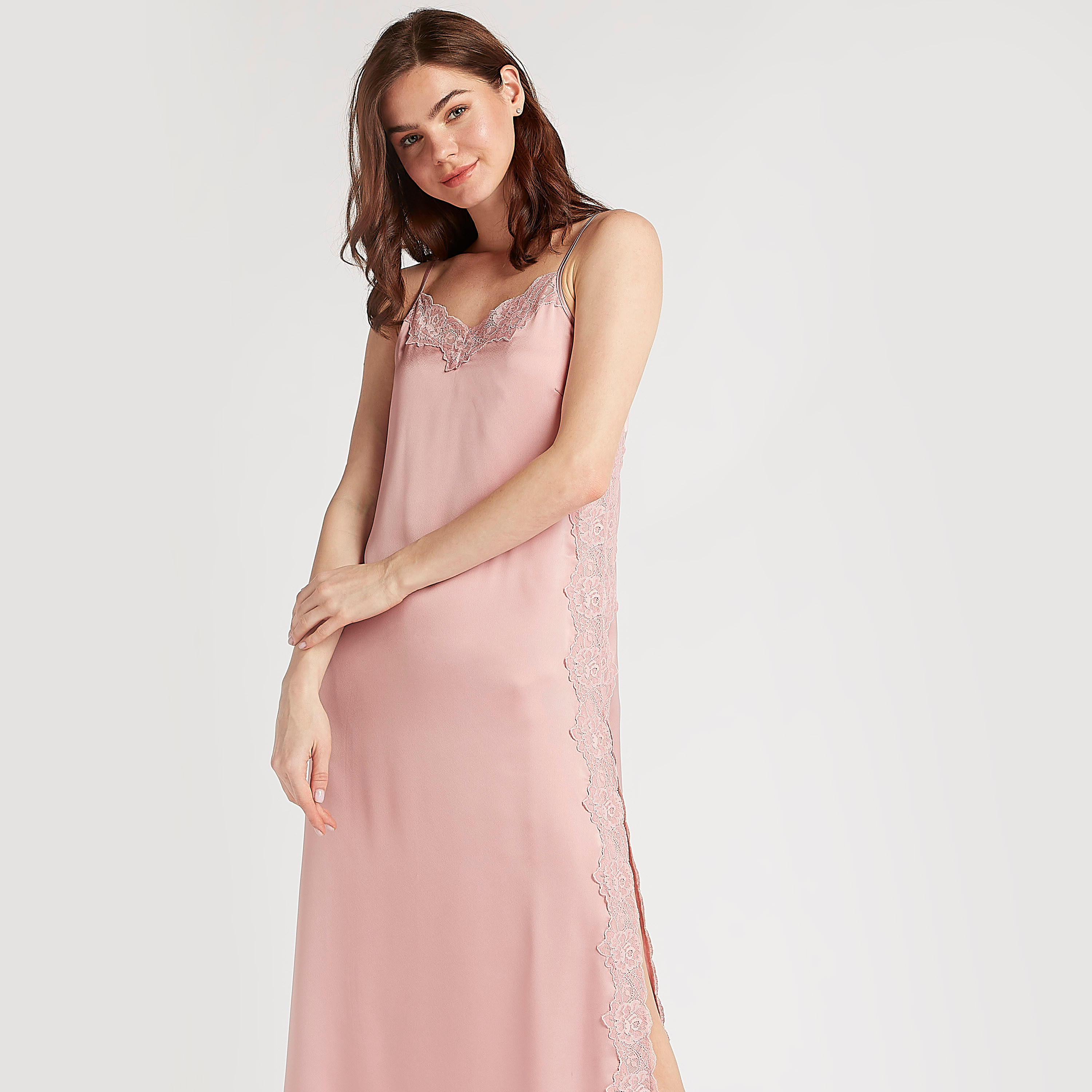 Solid V-neck Nightgown with Lace Detail and Straps-women-clothing-nightwear-nighties-image-3
