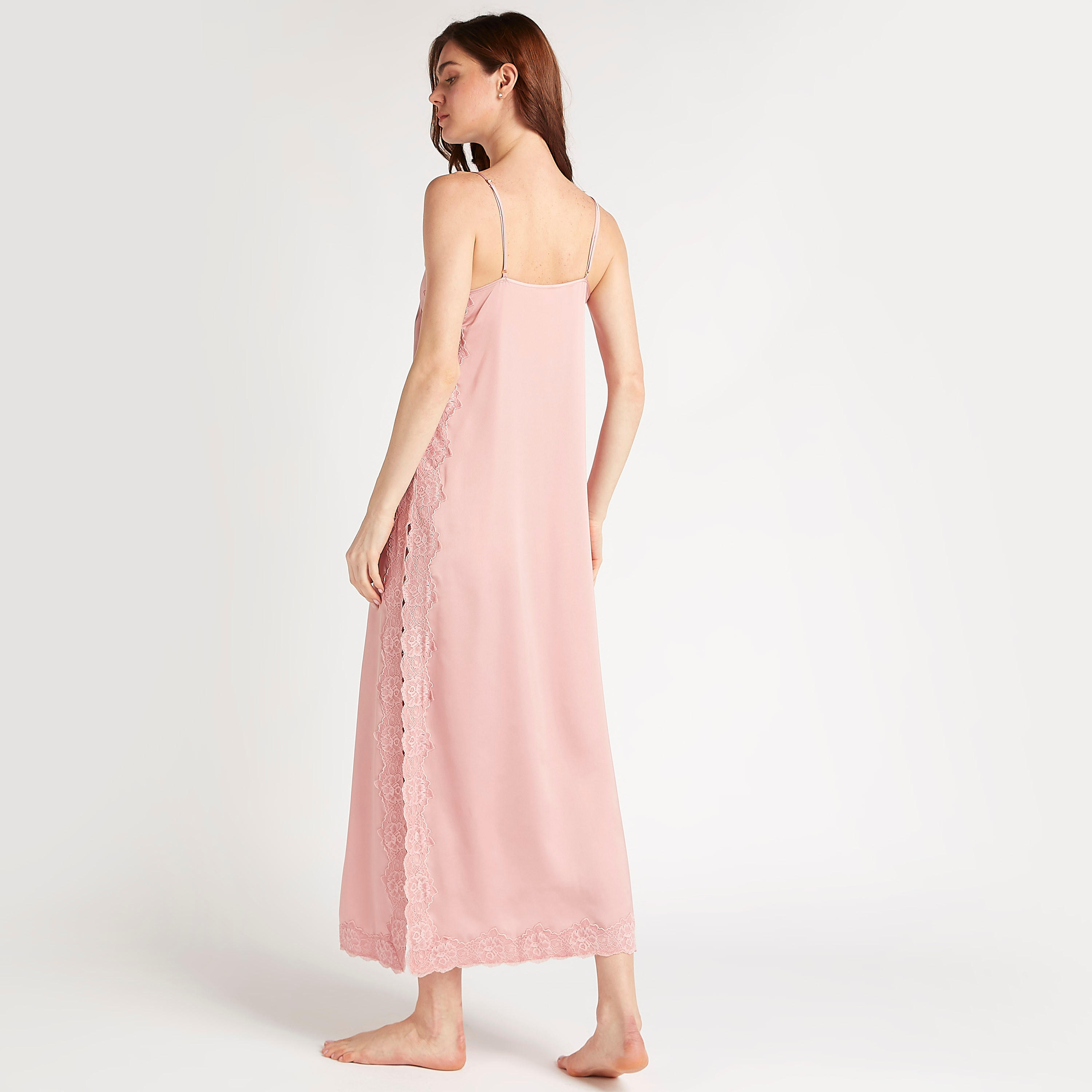 Solid V-neck Nightgown with Lace Detail and Straps-women-clothing-nightwear-nighties-image-4