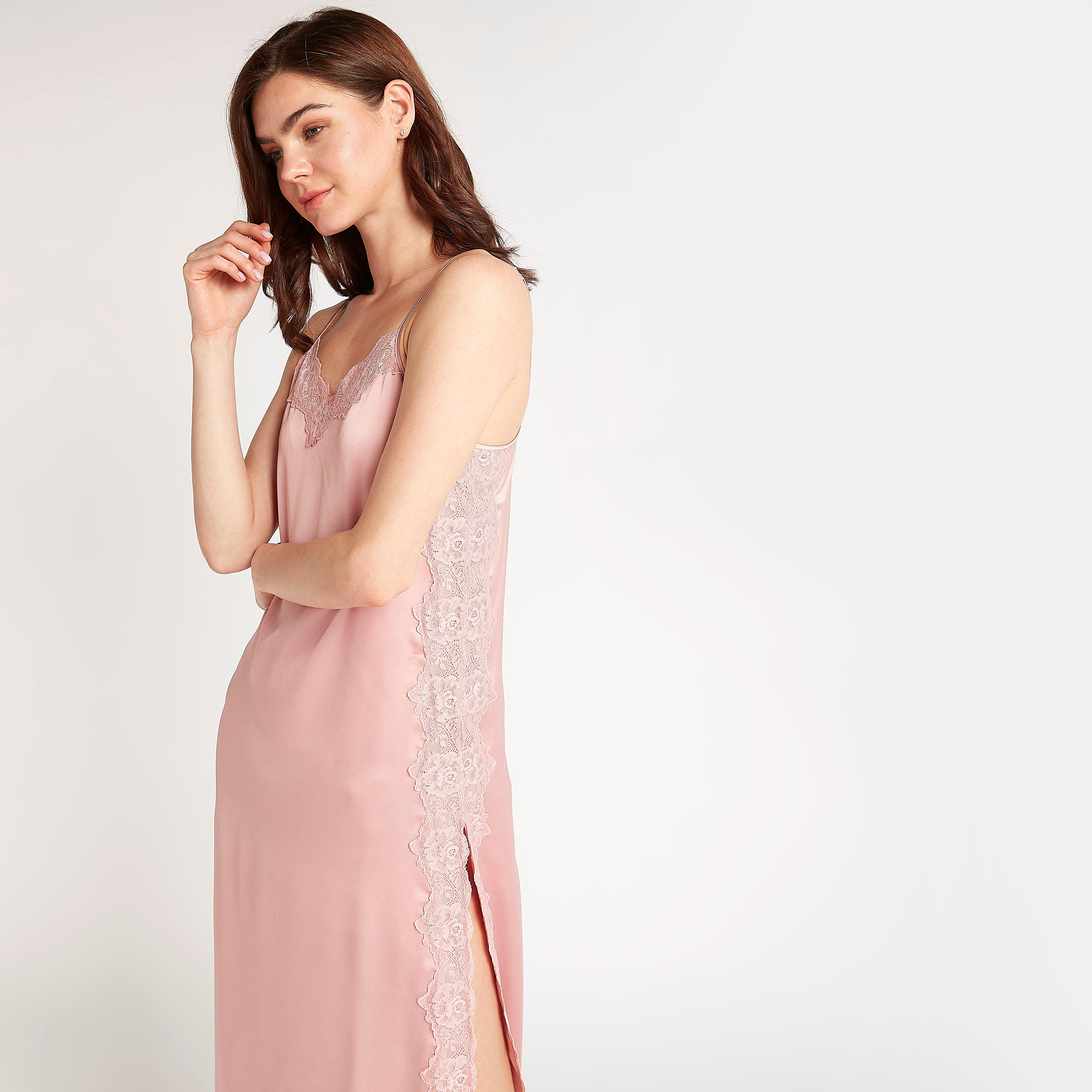 Solid V-neck Nightgown with Lace Detail and Straps-women-clothing-nightwear-nighties-image-5