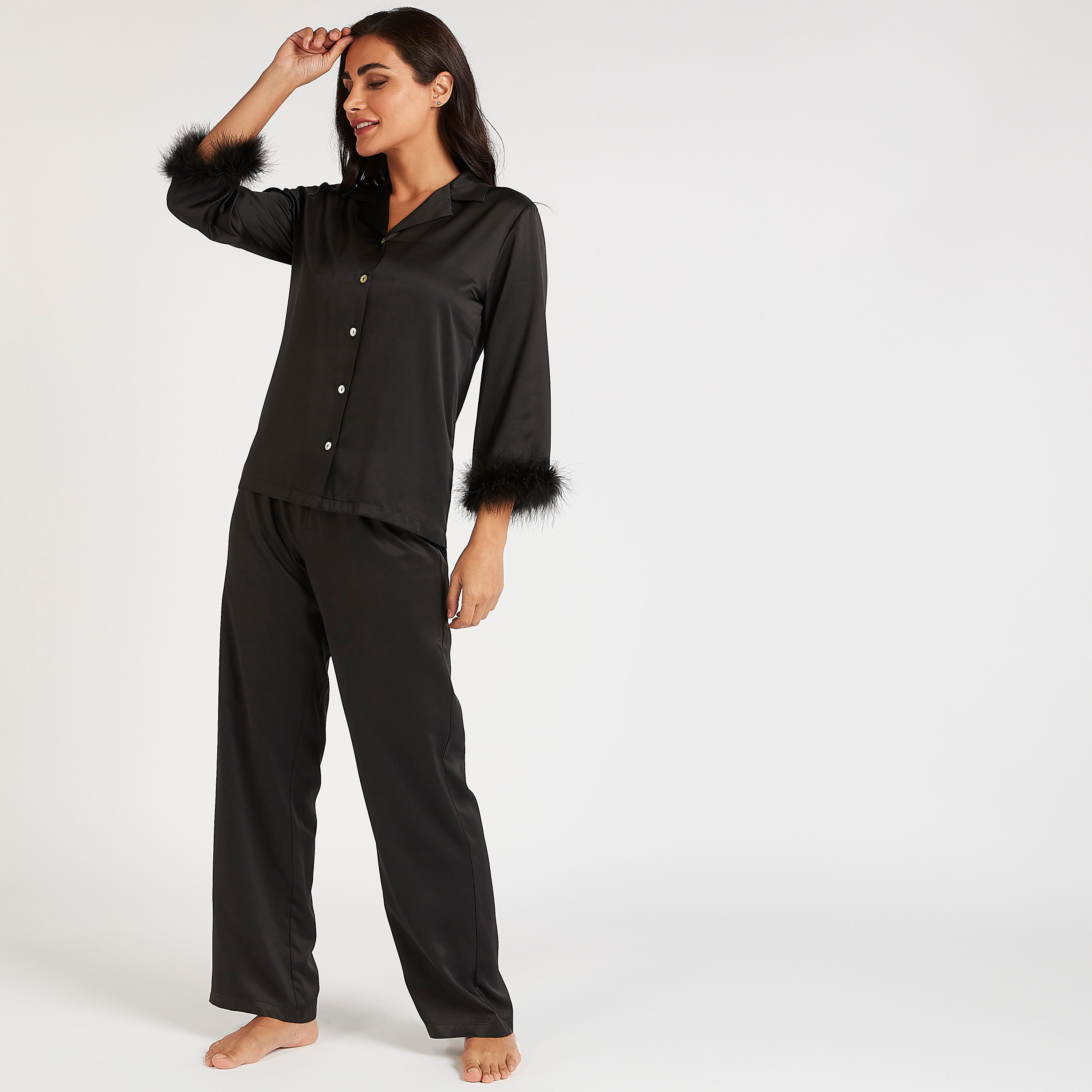 Solid Plush Cuff Shirt and Full Length Pyjama Set-women-clothing-nightwear-pyjamas-longsets-image-1