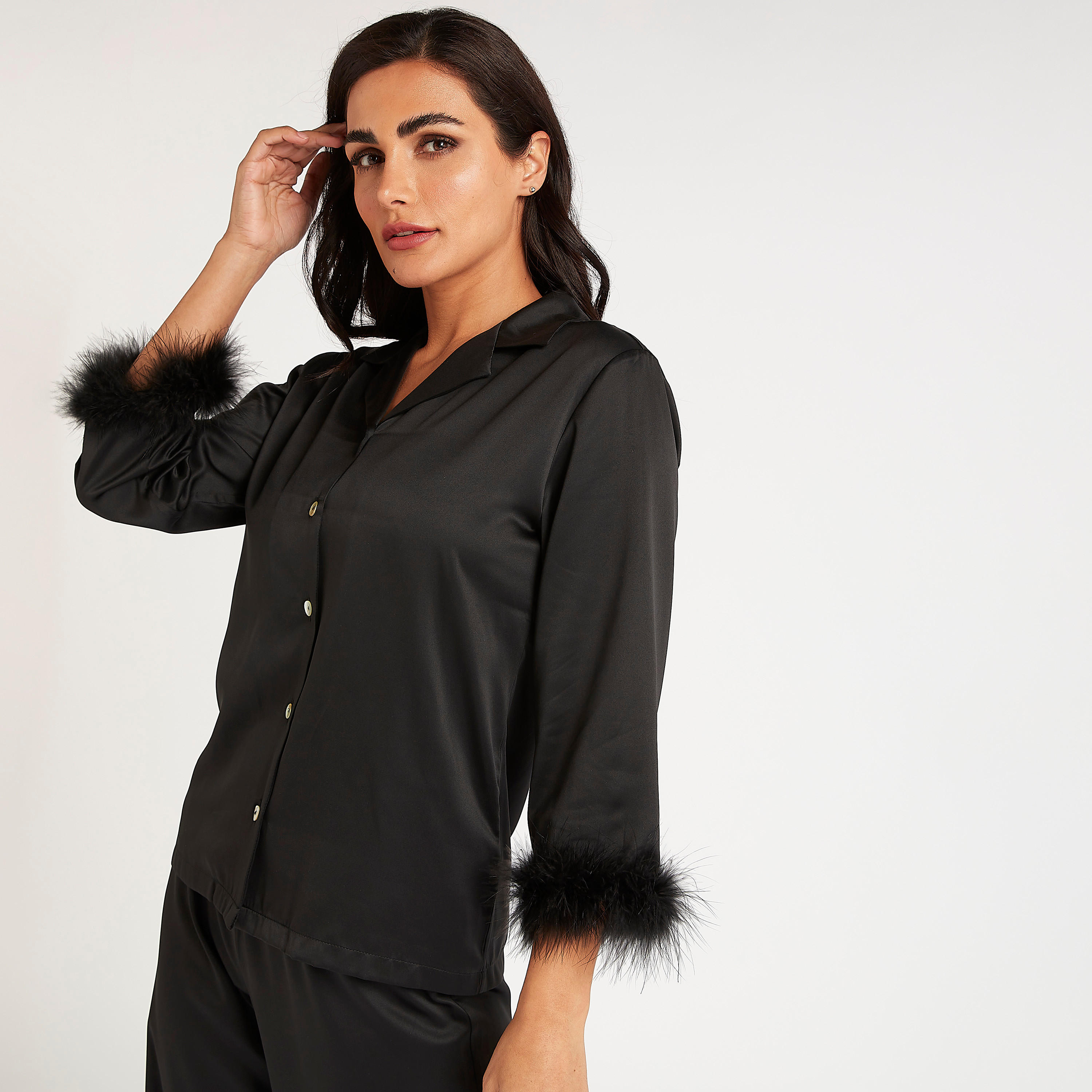 Solid Plush Cuff Shirt and Full Length Pyjama Set-women-clothing-nightwear-pyjamas-longsets-image-2