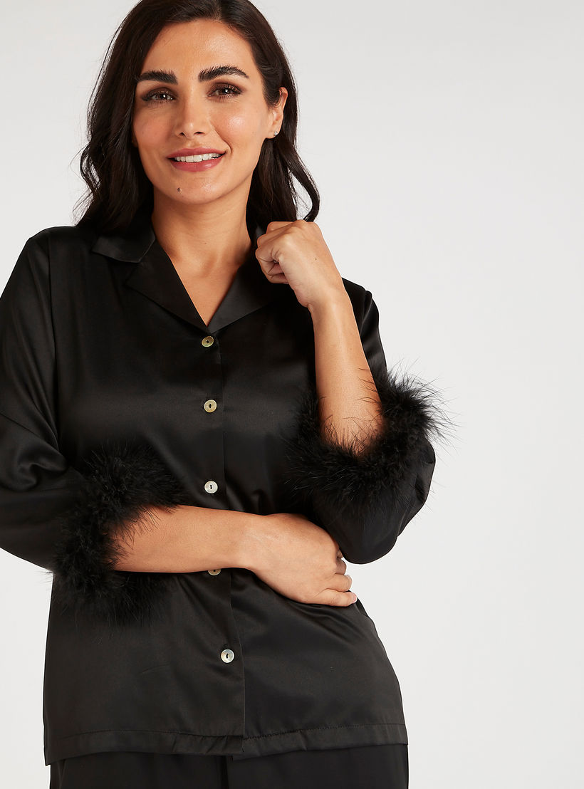 Solid Plush Cuff Shirt and Full Length Pyjama Set-women-clothing-nightwear-pyjamas-longsets-image-6