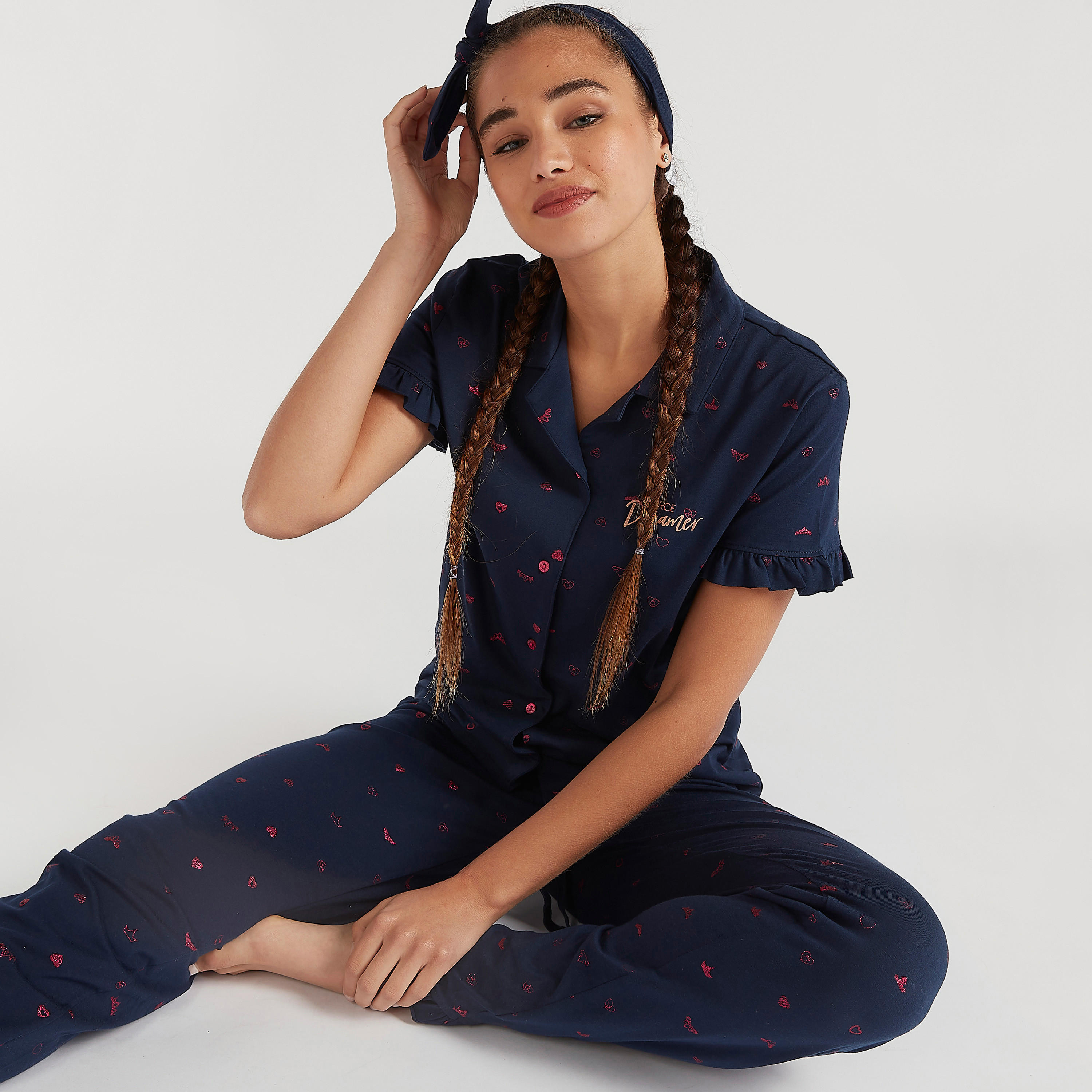 طقم بنطلون بيجاما وقميص بأكمام قصيرة وطبعات-women-clothing-nightwear-pyjamas-longsets-image-1