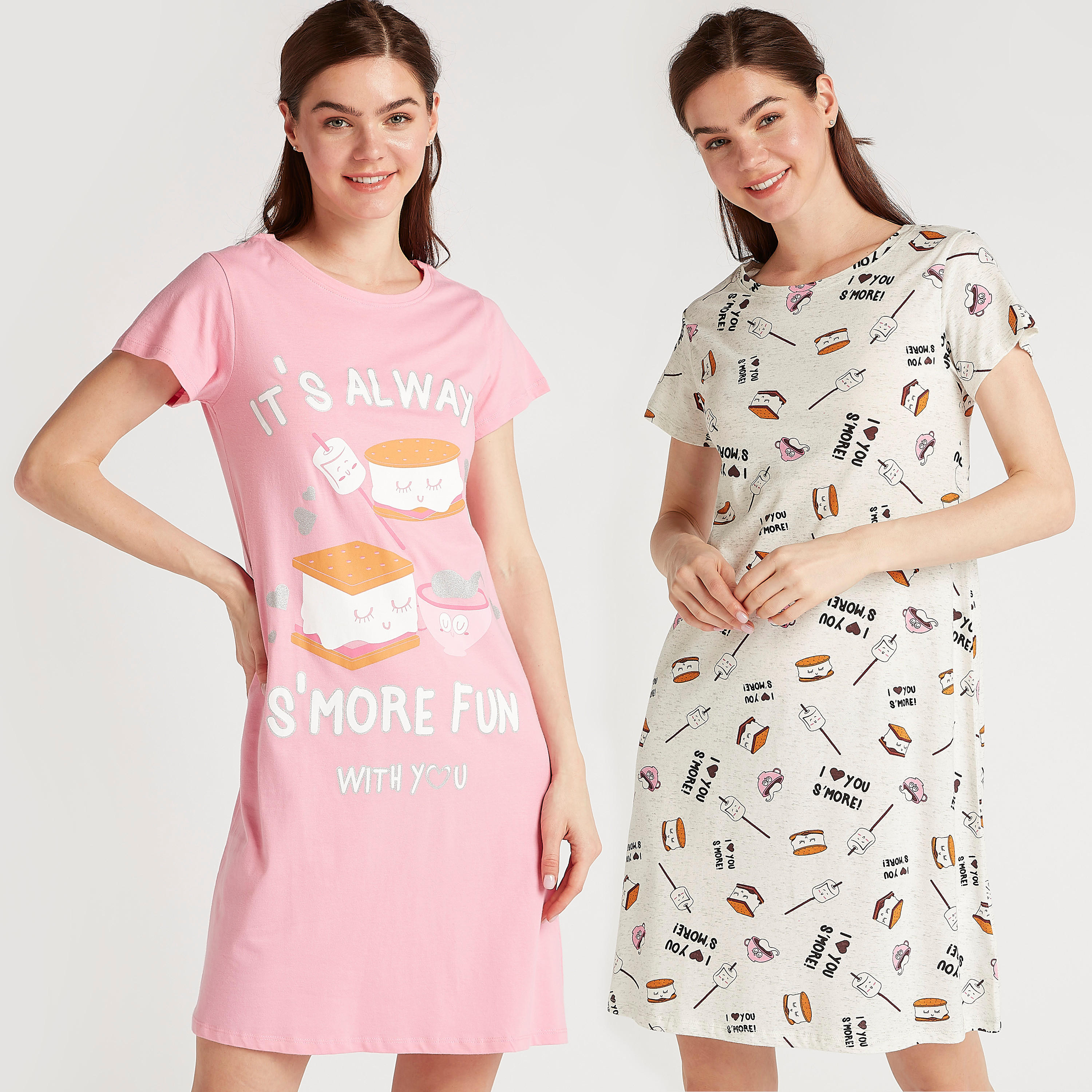 طقم قميص نوم بطبعات مع ربطة شعر - قطعتين-women-clothing-nightwear-nighties-image-6