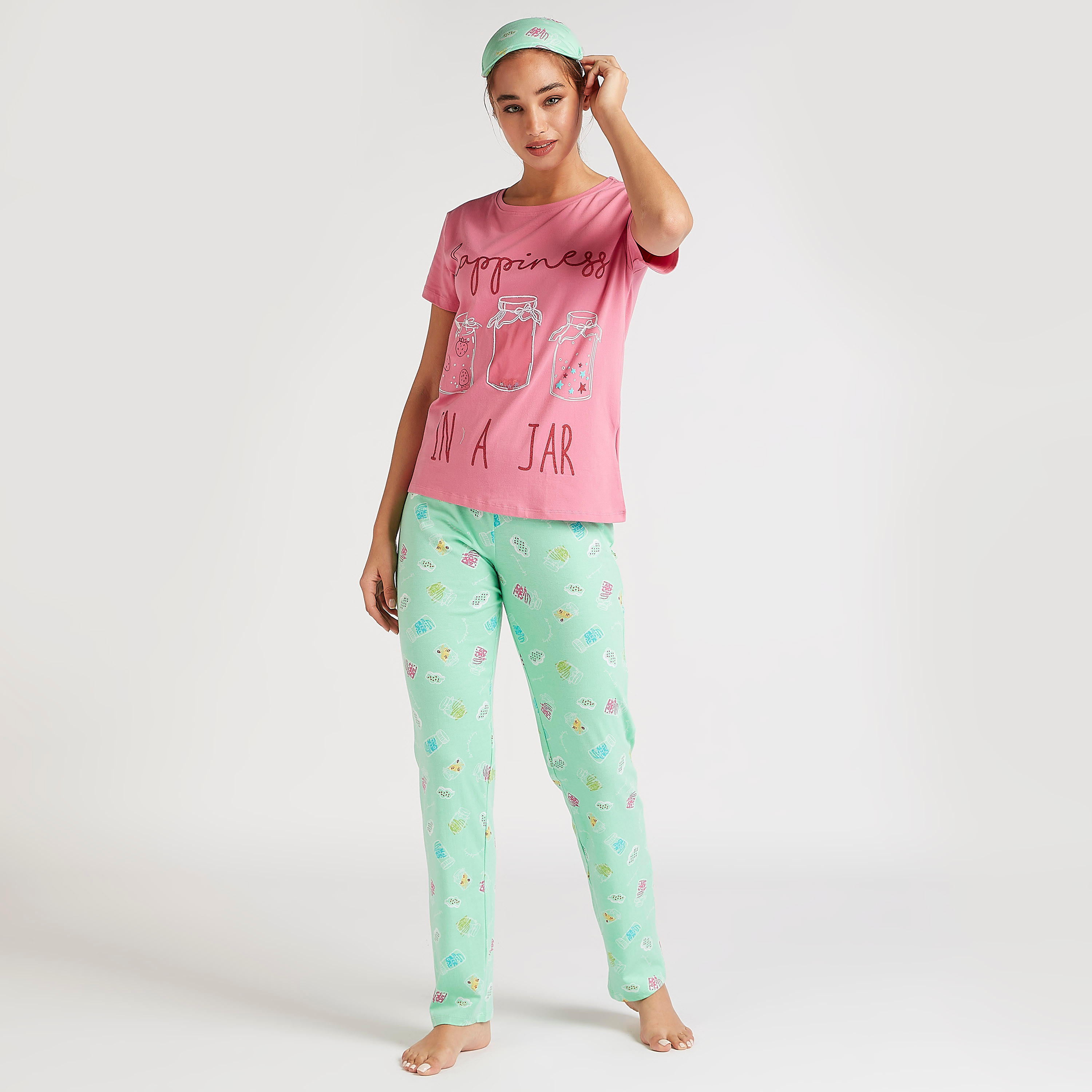 طقم بنطلون بيجاما طويل وتيشيرت بياقة مستديرة وطبعات-women-clothing-nightwear-pyjamas-longsets-image-5