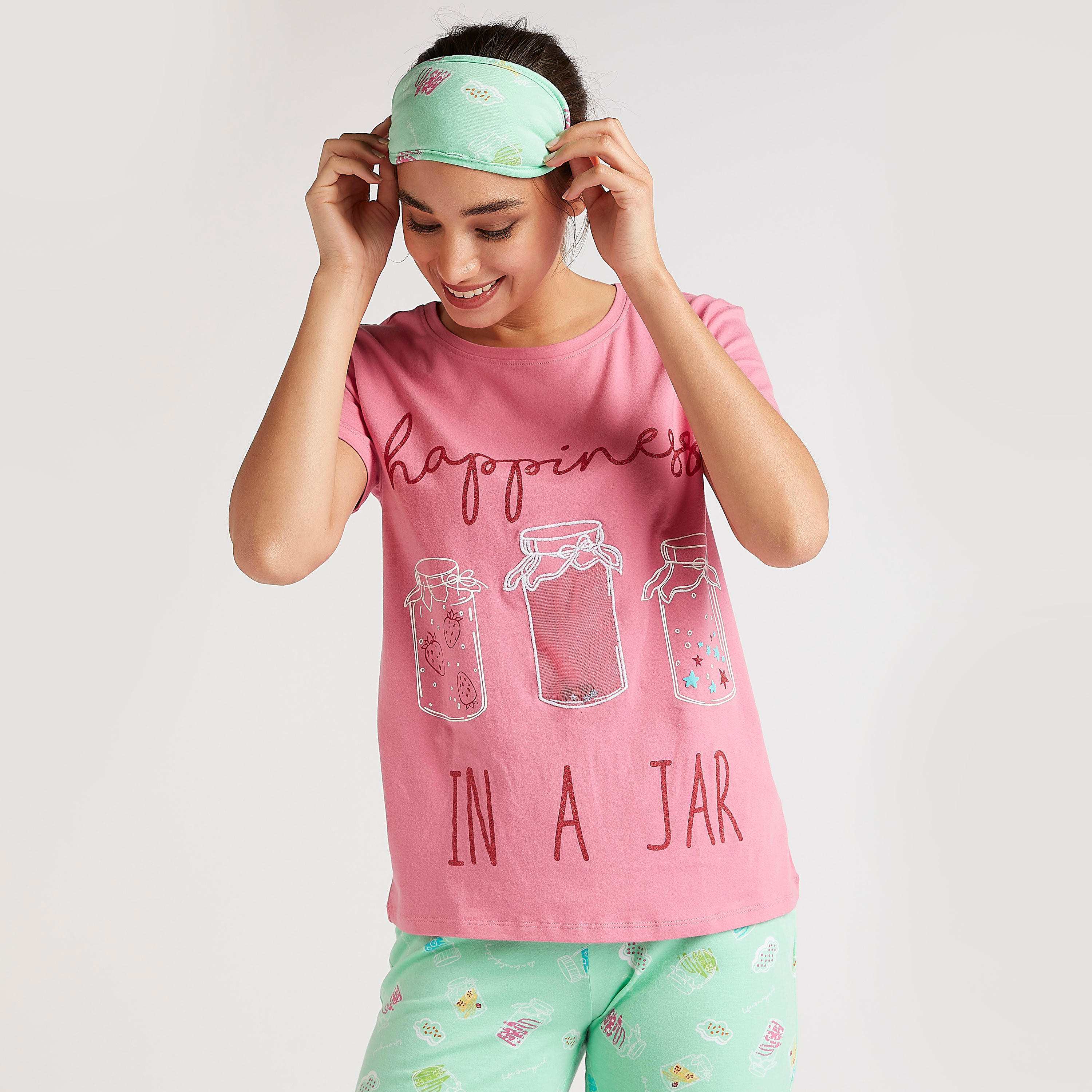 طقم بنطلون بيجاما طويل وتيشيرت بياقة مستديرة وطبعات-women-clothing-nightwear-pyjamas-longsets-image-4