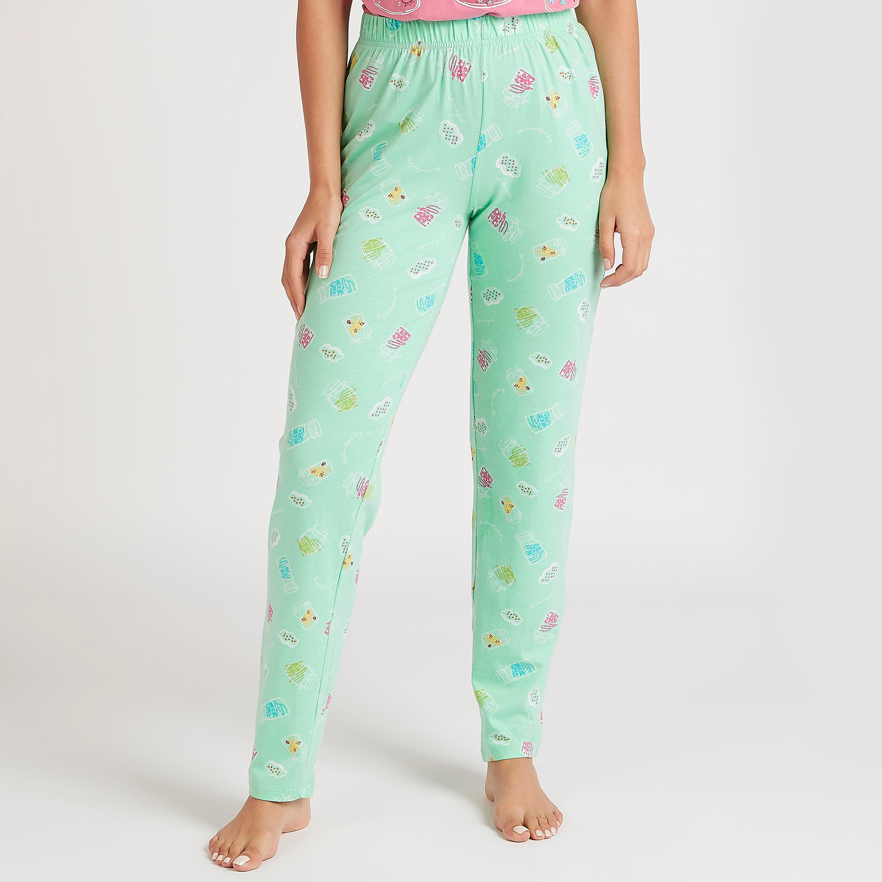 طقم بنطلون بيجاما طويل وتيشيرت بياقة مستديرة وطبعات-women-clothing-nightwear-pyjamas-longsets-image-2