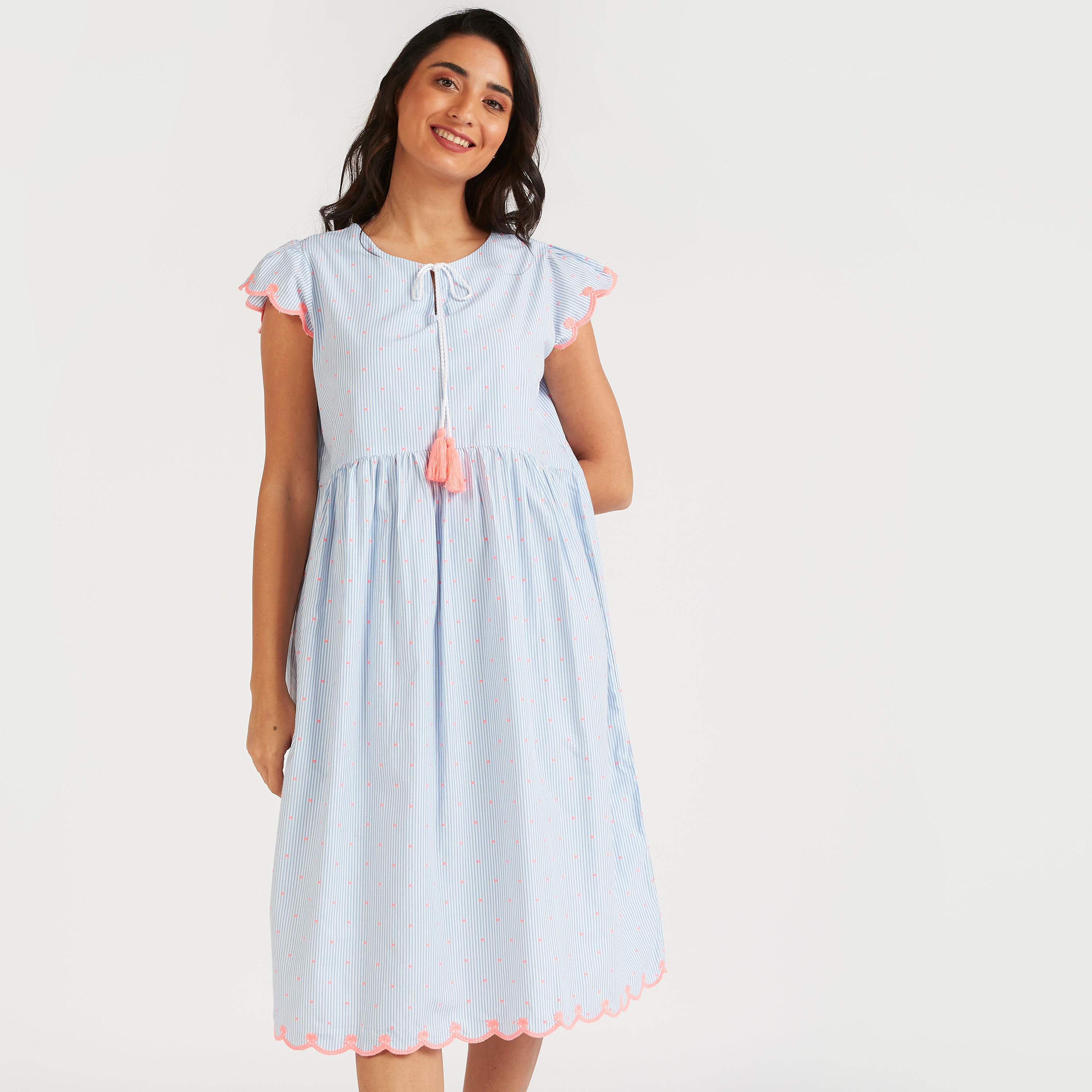 فستان قصير سادة بأكمام كاب وأربطة عنق-women-clothing-nightwear-nighties-image-1