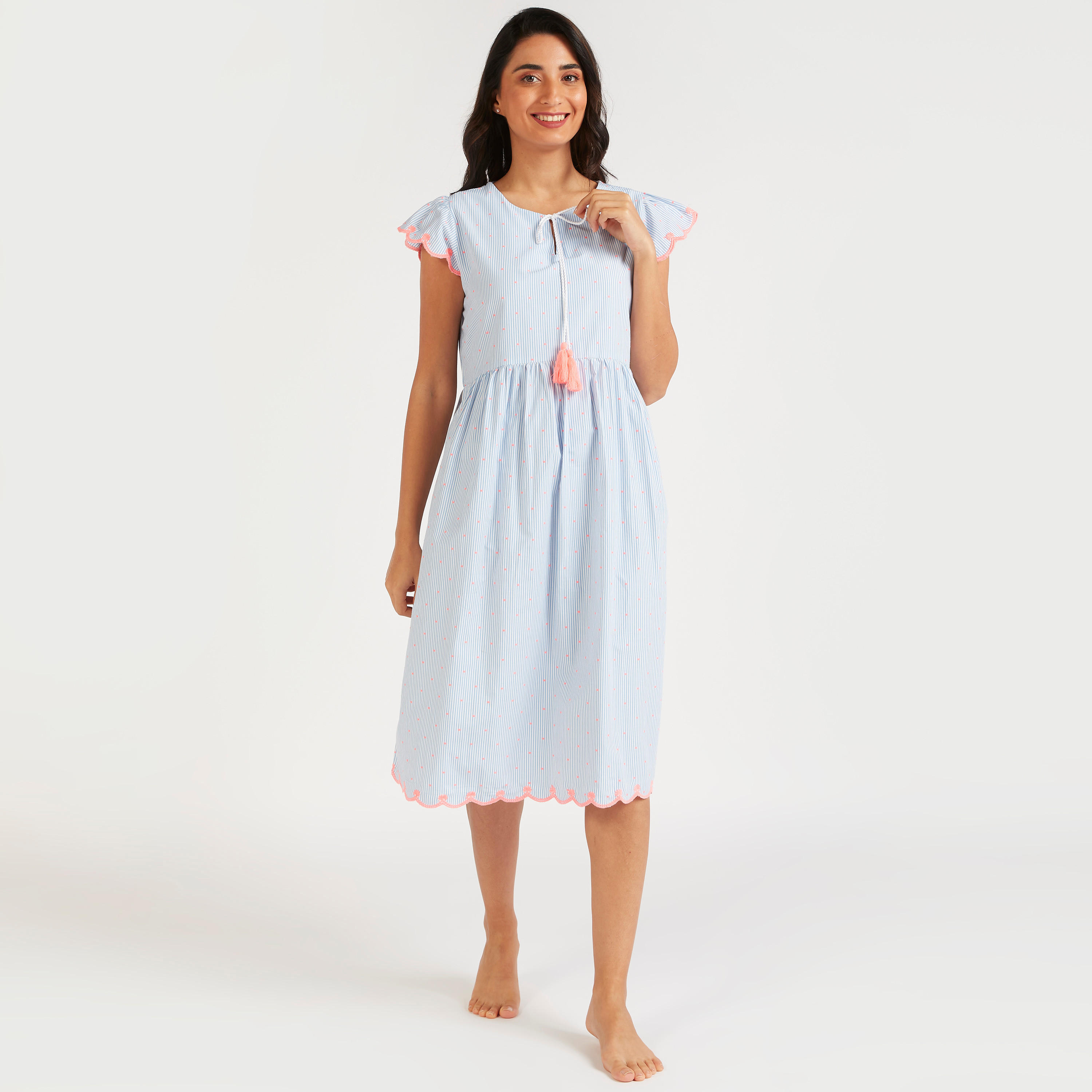 فستان قصير سادة بأكمام كاب وأربطة عنق-women-clothing-nightwear-nighties-image-3