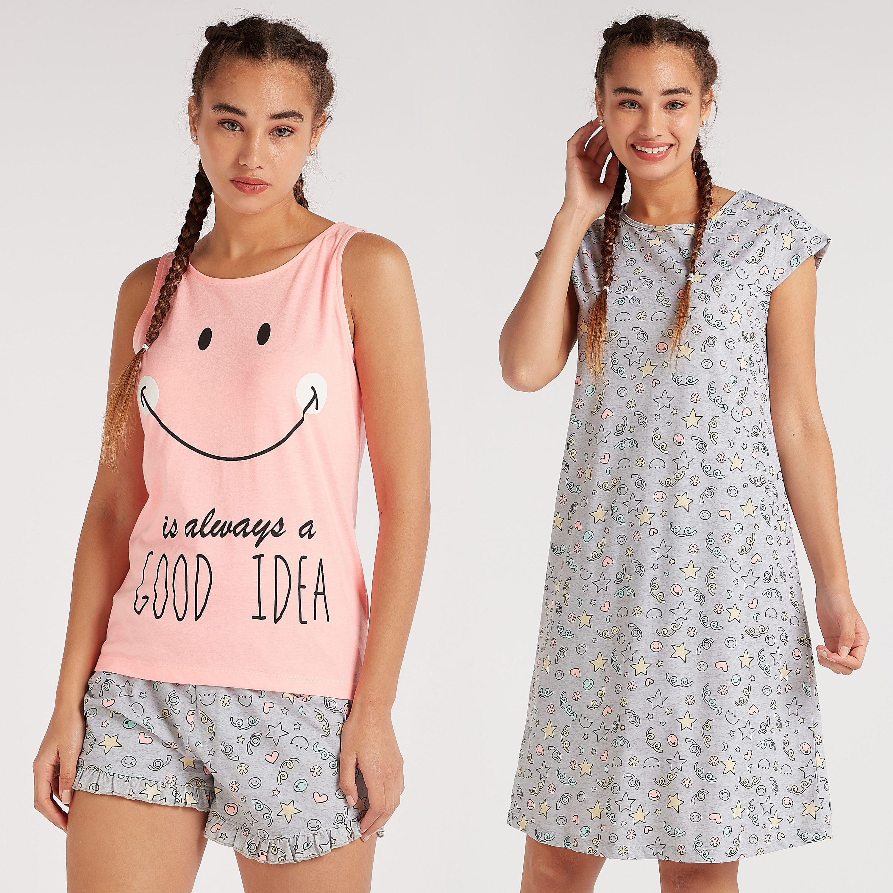 Printed Sleepshirt with Vest and Shorts Set -women-clothing-nightwear-pyjamas-longsets-image-1