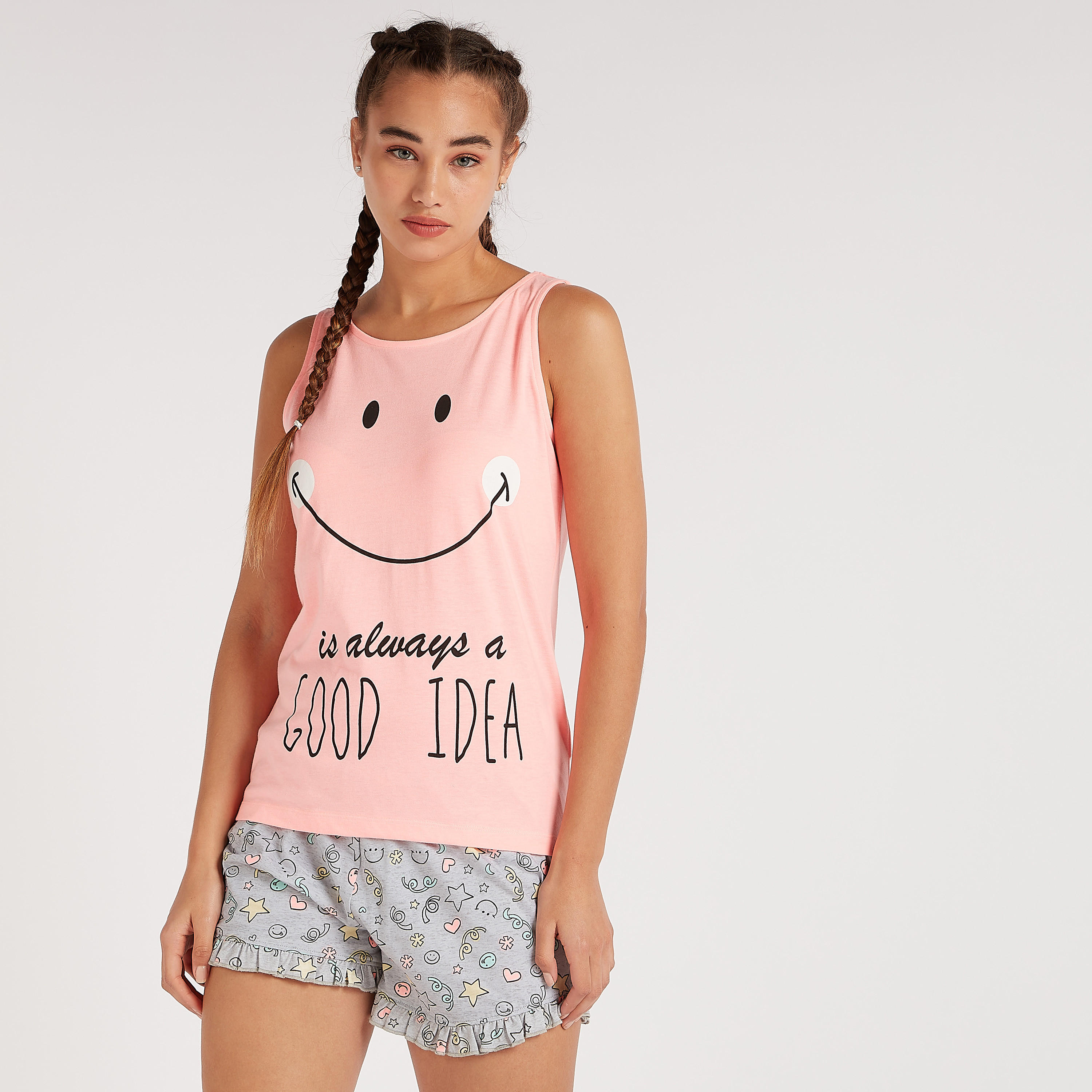 Printed Sleepshirt with Vest and Shorts Set -women-clothing-nightwear-pyjamas-longsets-image-2