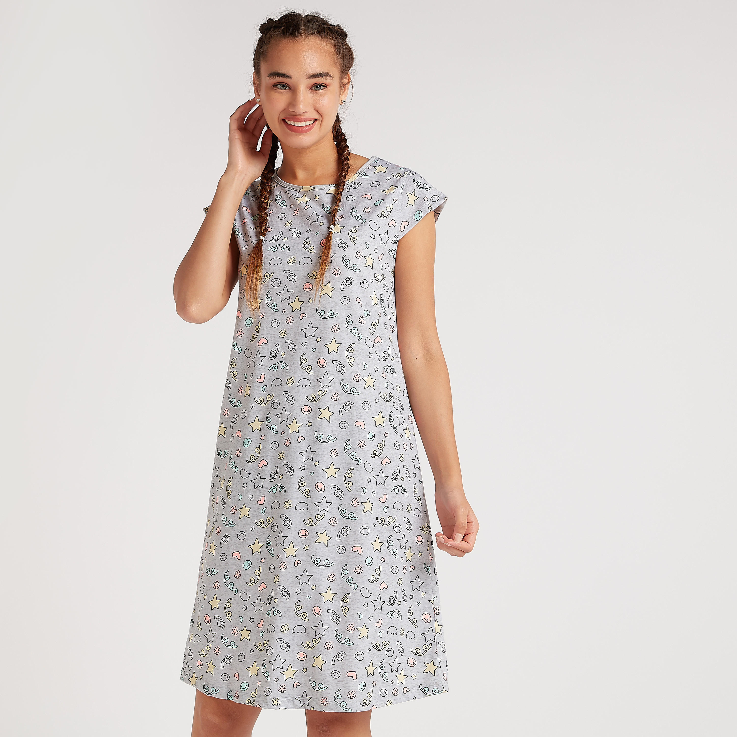 Printed Sleepshirt with Vest and Shorts Set -women-clothing-nightwear-pyjamas-longsets-image-3