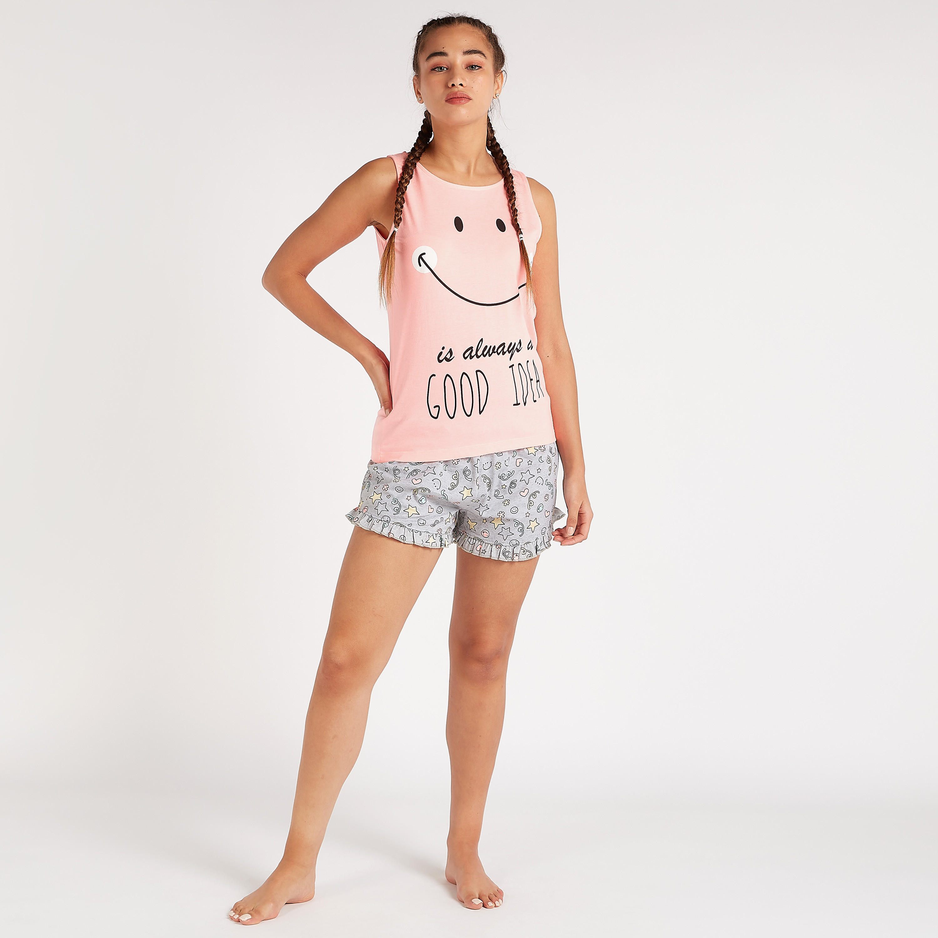 Printed Sleepshirt with Vest and Shorts Set -women-clothing-nightwear-pyjamas-longsets-image-6