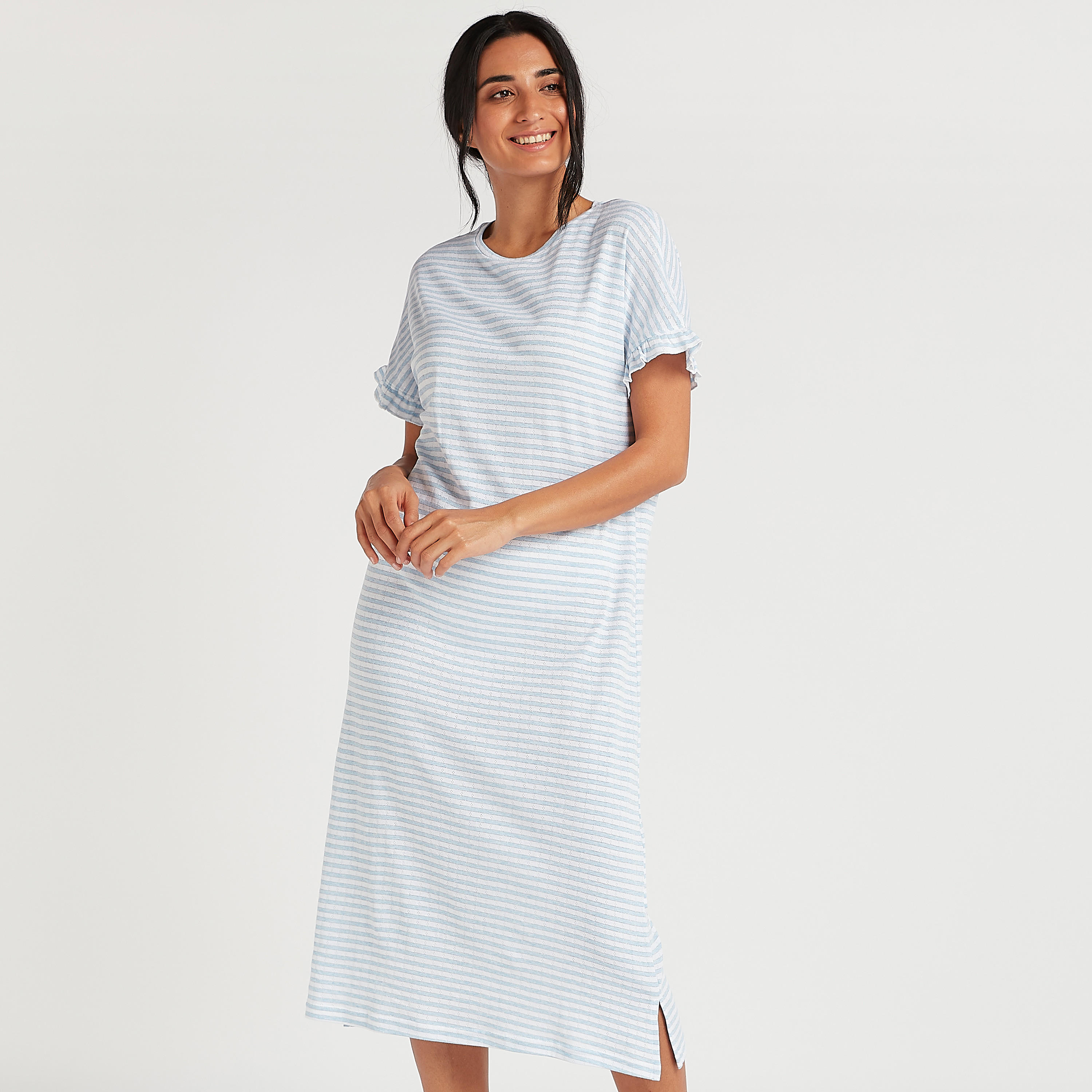 قميص نوم بوينتل مخطط بحافة مكشكشة-women-clothing-nightwear-nighties-image-1