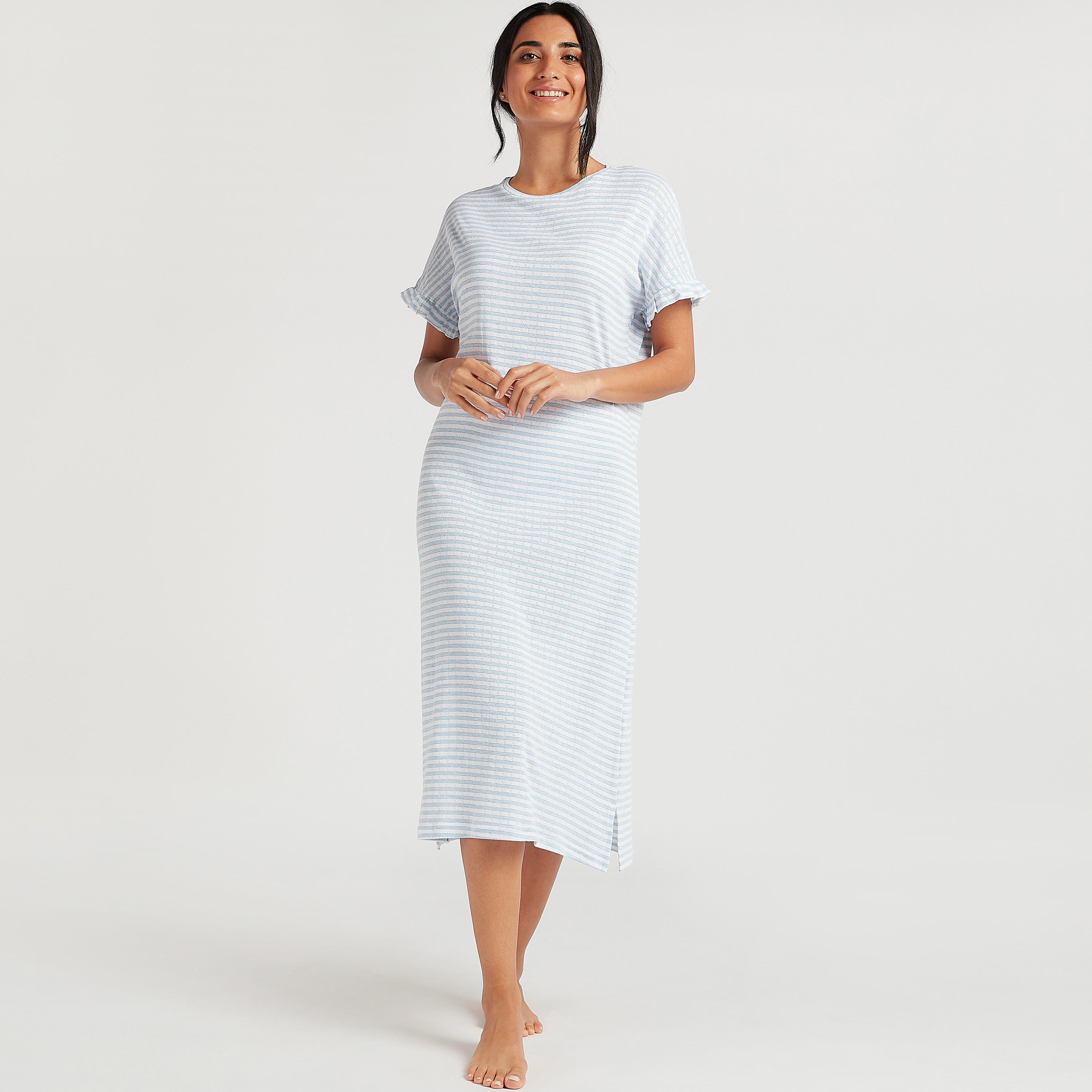 قميص نوم بوينتل مخطط بحافة مكشكشة-women-clothing-nightwear-nighties-image-2