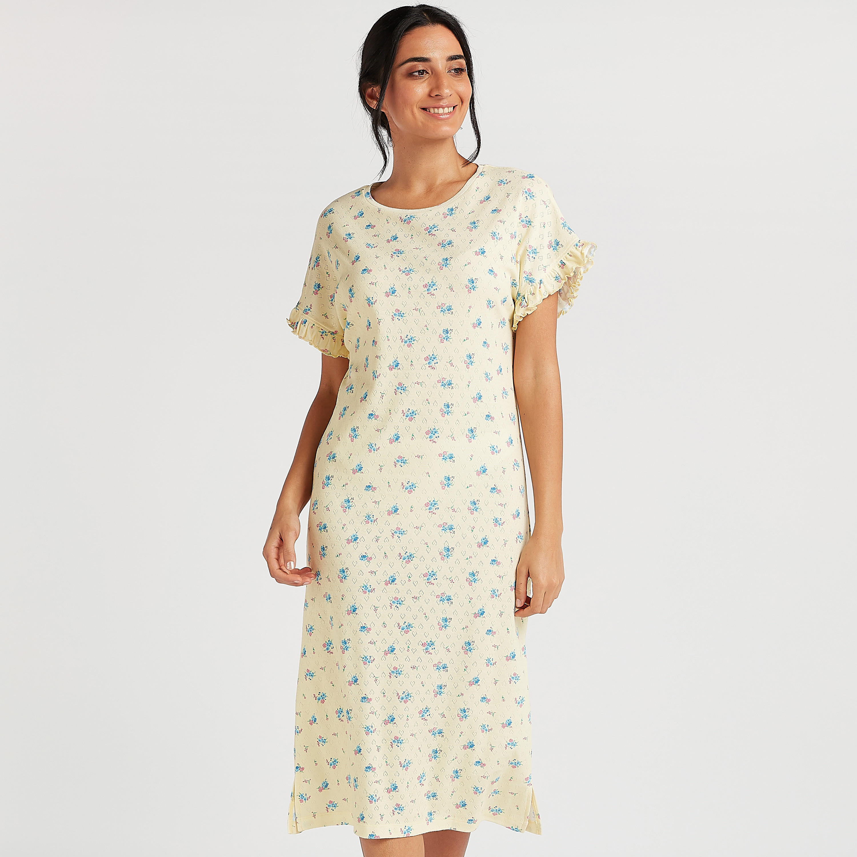 Floral Print Pointelle Sleepshirt with Ruffled Hems-women-clothing-nightwear-nighties-image-1