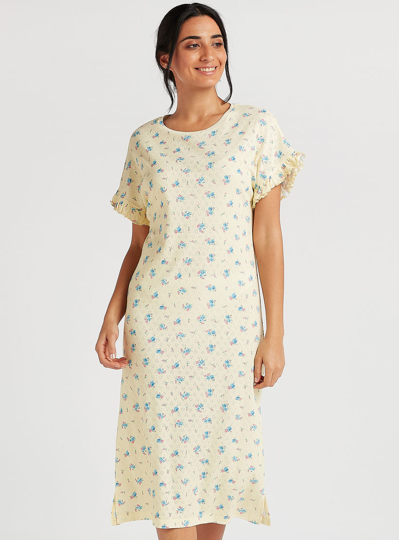 Floral Print Pointelle Sleepshirt with Ruffled Hems-women-clothing-nightwear-nighties-image-1