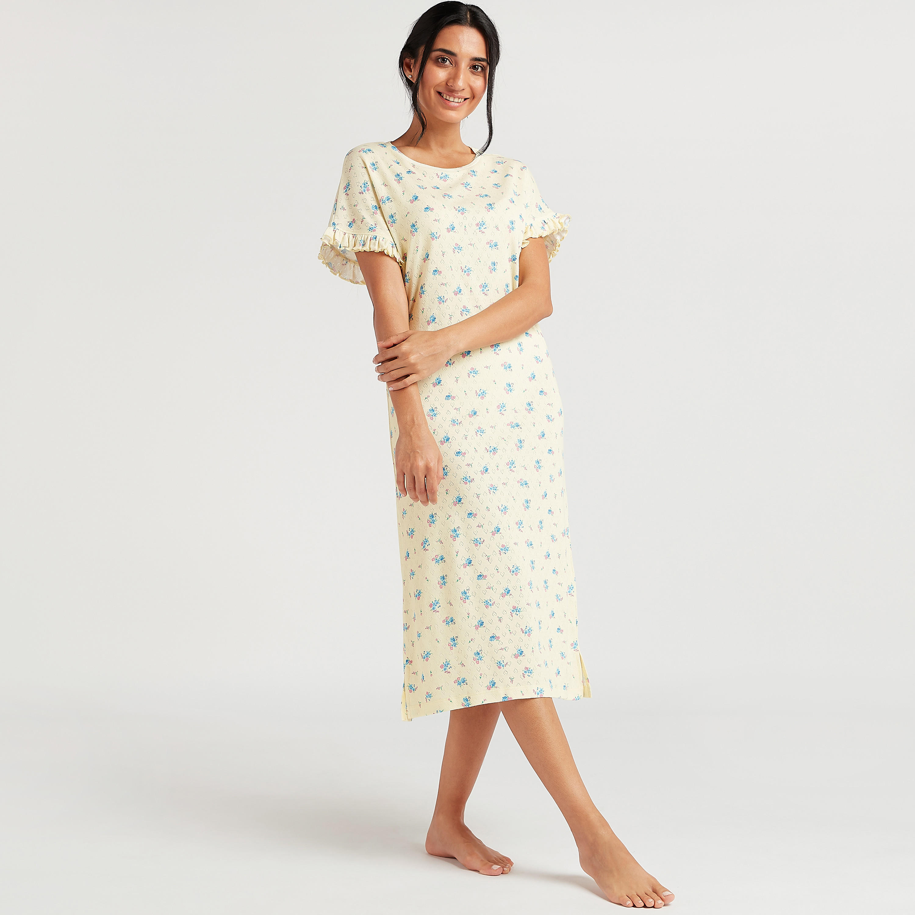 Floral Print Pointelle Sleepshirt with Ruffled Hems-women-clothing-nightwear-nighties-image-2