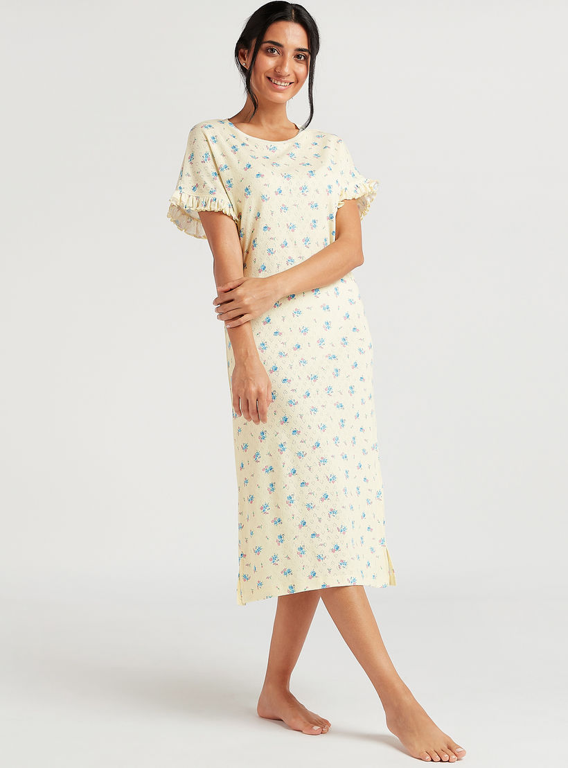Floral Print Pointelle Sleepshirt with Ruffled Hems-women-clothing-nightwear-nighties-image-2