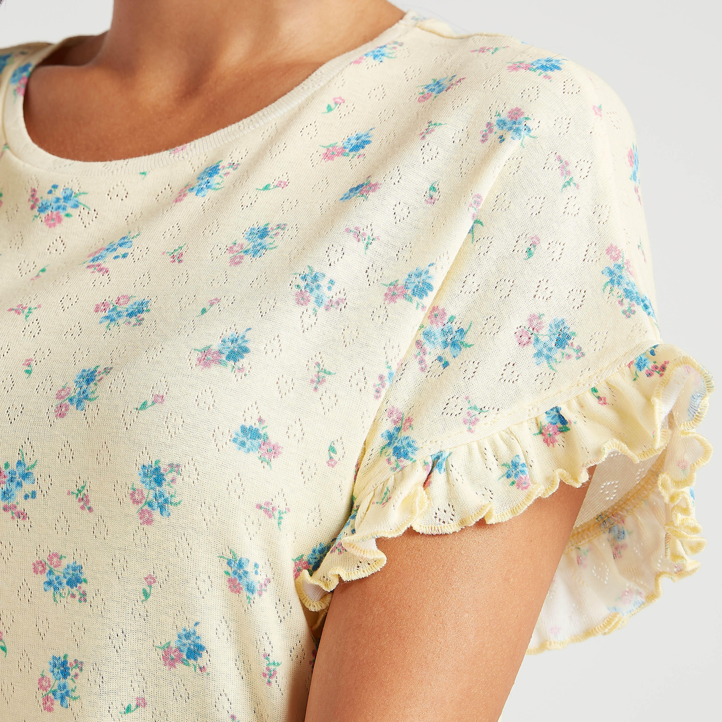 Floral Print Pointelle Sleepshirt with Ruffled Hems-women-clothing-nightwear-nighties-image-3