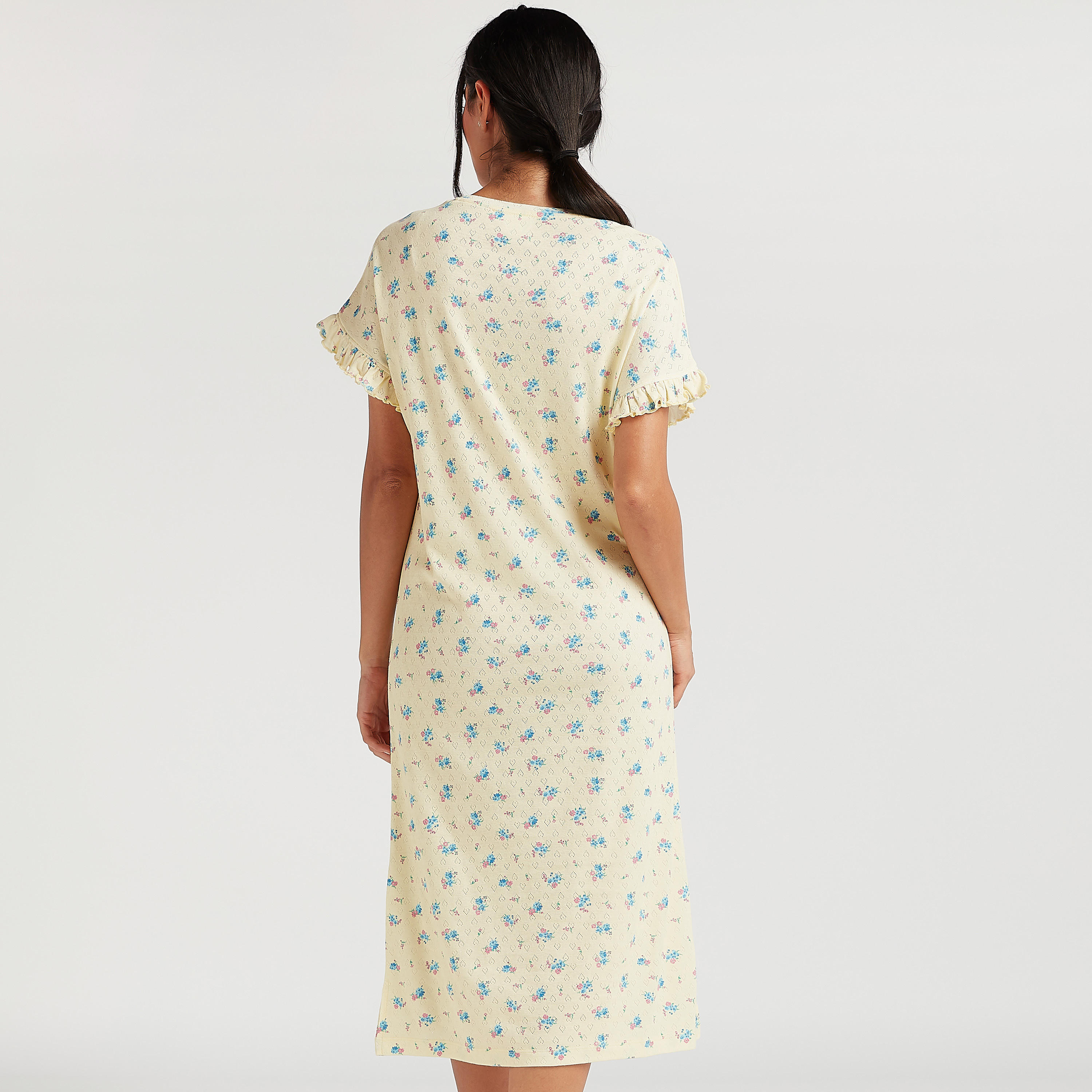 Floral Print Pointelle Sleepshirt with Ruffled Hems-women-clothing-nightwear-nighties-image-4