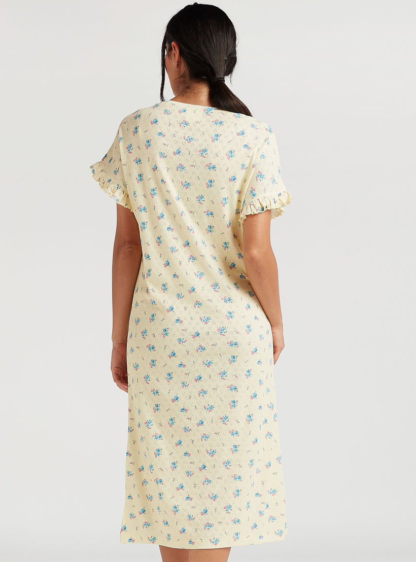 Floral Print Pointelle Sleepshirt with Ruffled Hems-women-clothing-nightwear-nighties-image-4