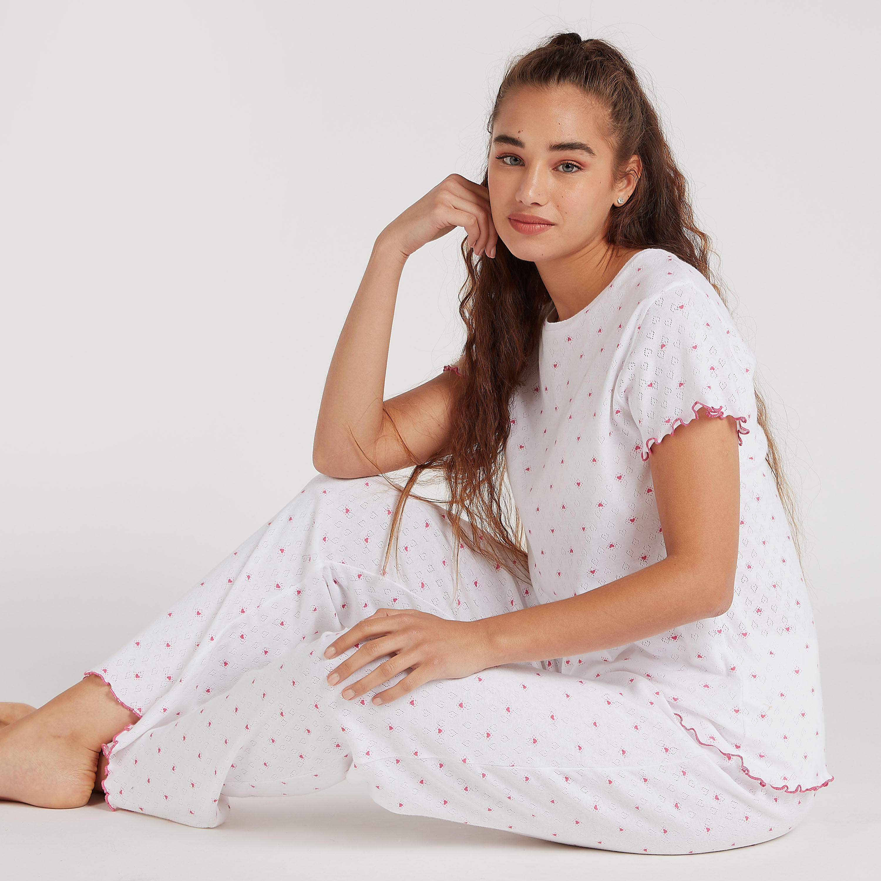 Heart Print T-shirt and Full Length Pyjama Set-women-clothing-nightwear-pyjamas-longsets-image-1