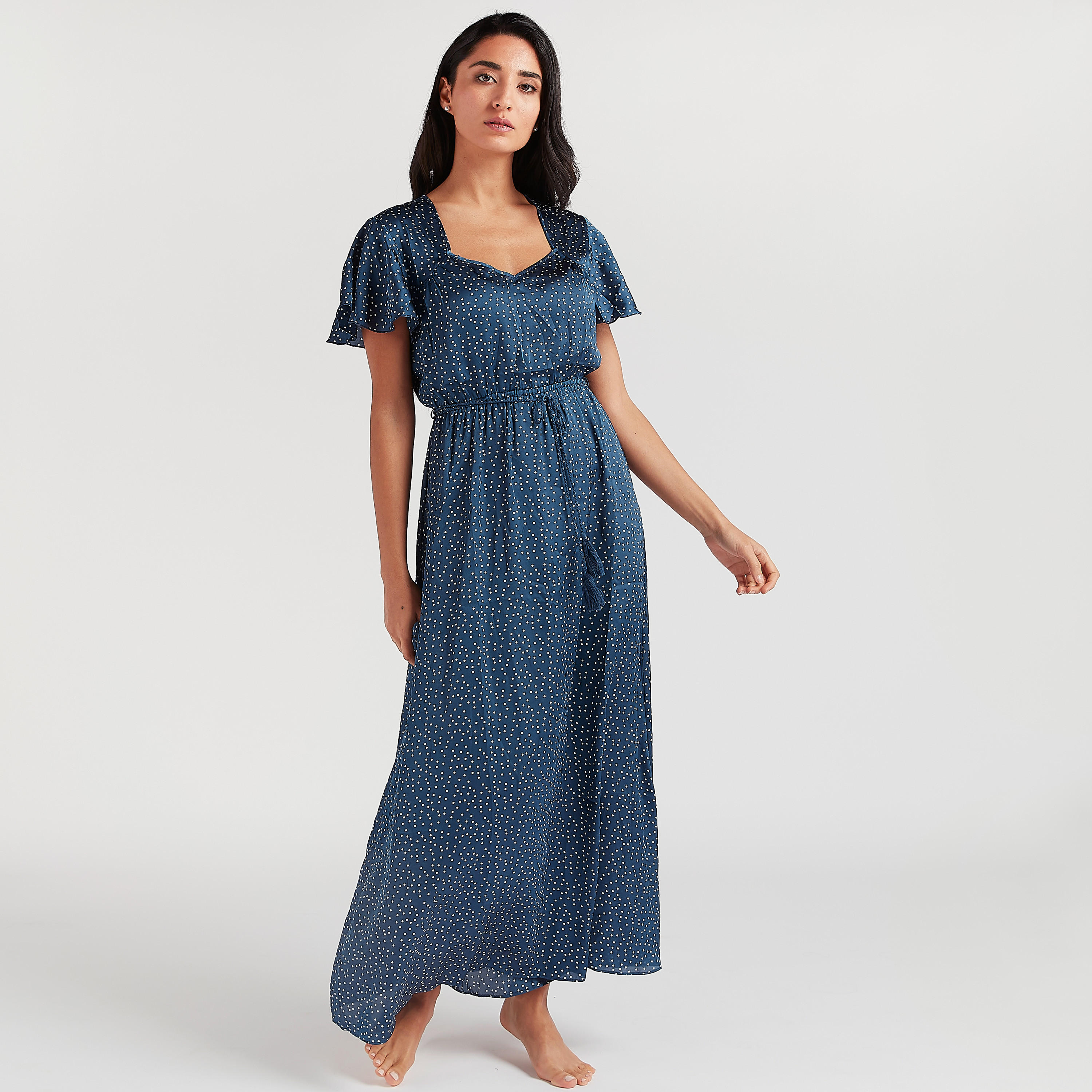 Polka Dot Night Gown with Waist Tie-Ups-women-clothing-nightwear-nighties-image-1