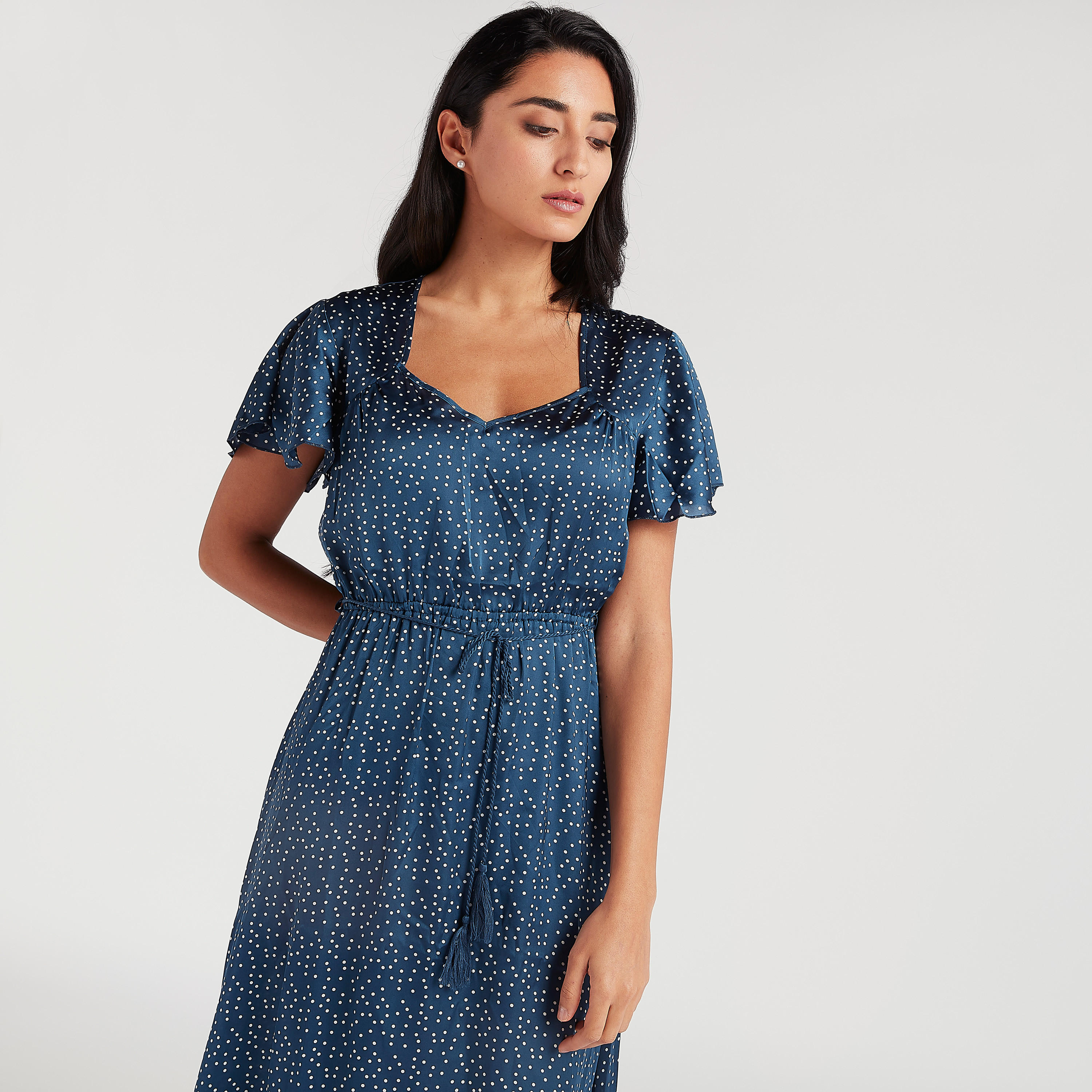 Polka Dot Night Gown with Waist Tie-Ups-women-clothing-nightwear-nighties-image-2