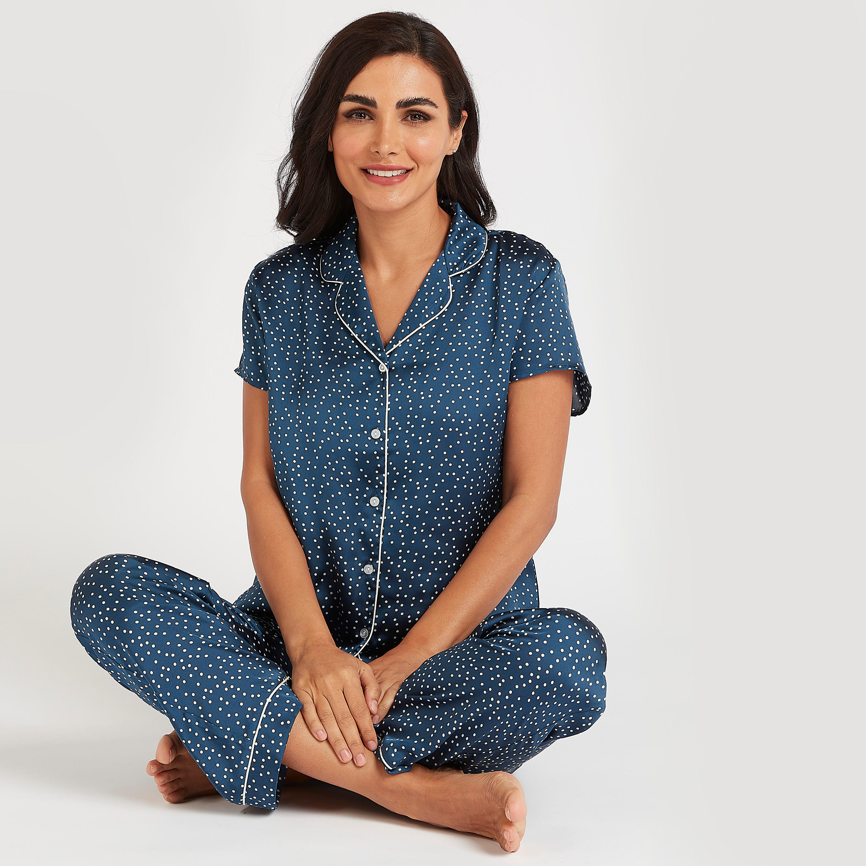 Spot Print Collared Shirt and Full Length Pyjama Set-women-clothing-nightwear-pyjamas-longsets-image-1