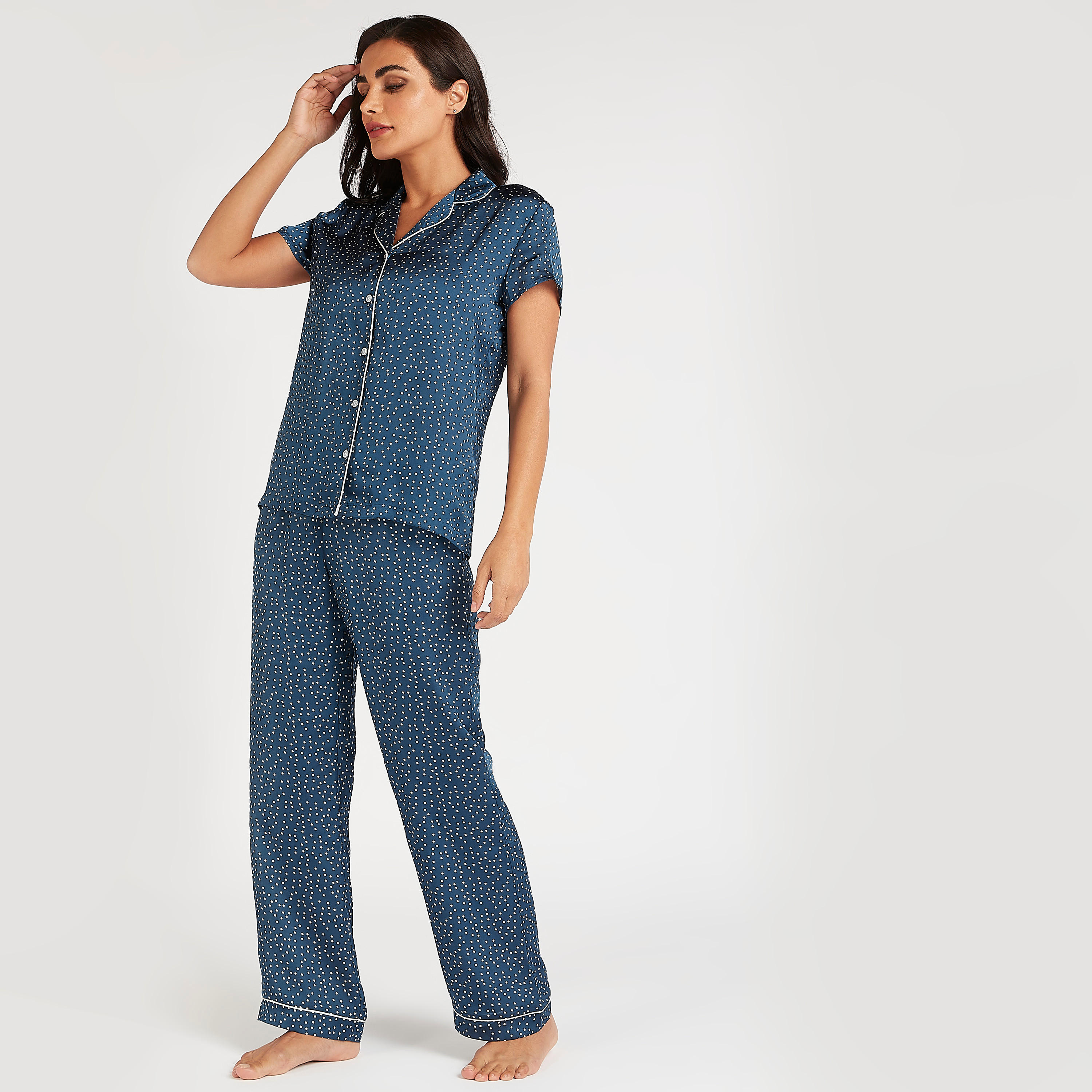 Spot Print Collared Shirt and Full Length Pyjama Set-women-clothing-nightwear-pyjamas-longsets-image-2