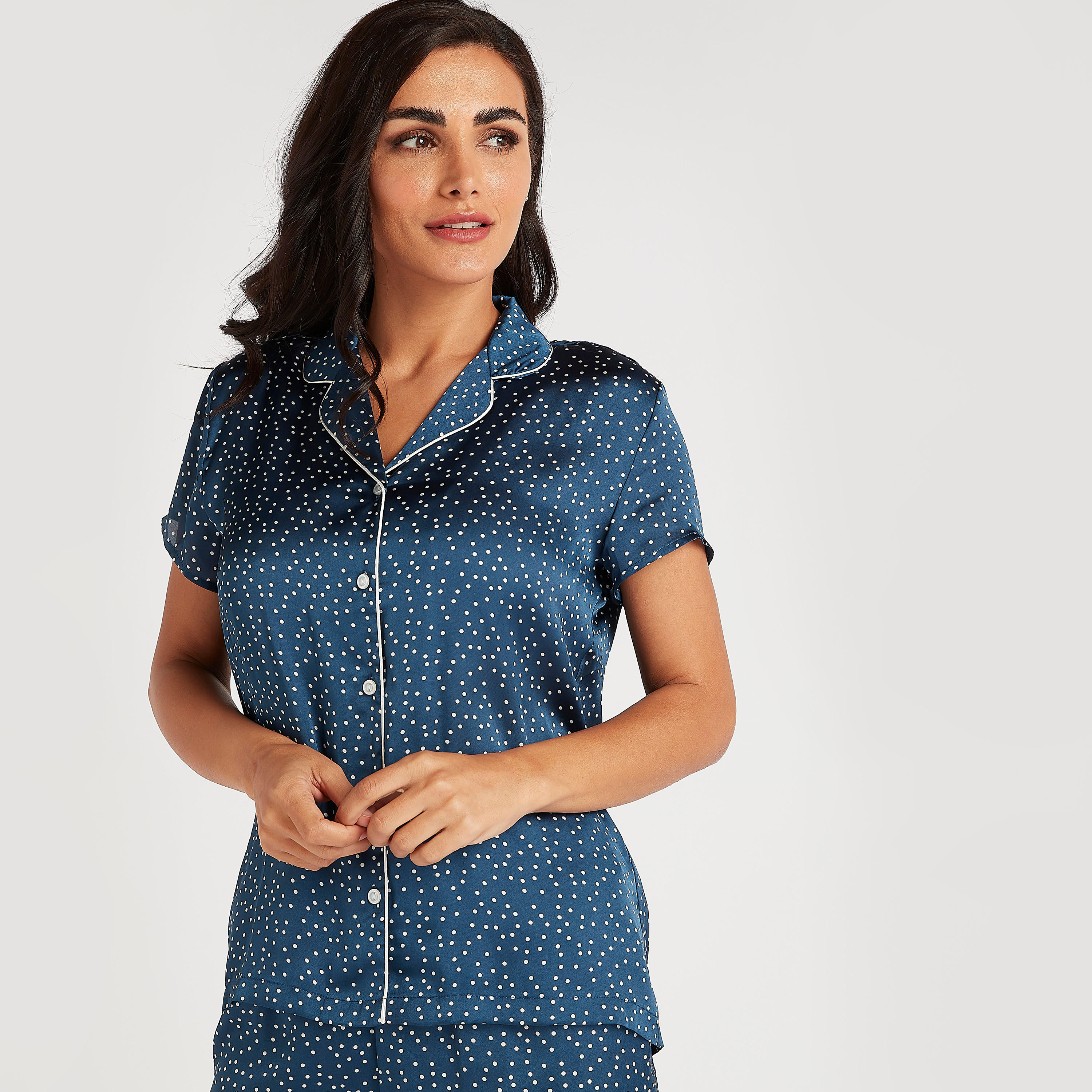 Spot Print Collared Shirt and Full Length Pyjama Set-women-clothing-nightwear-pyjamas-longsets-image-3
