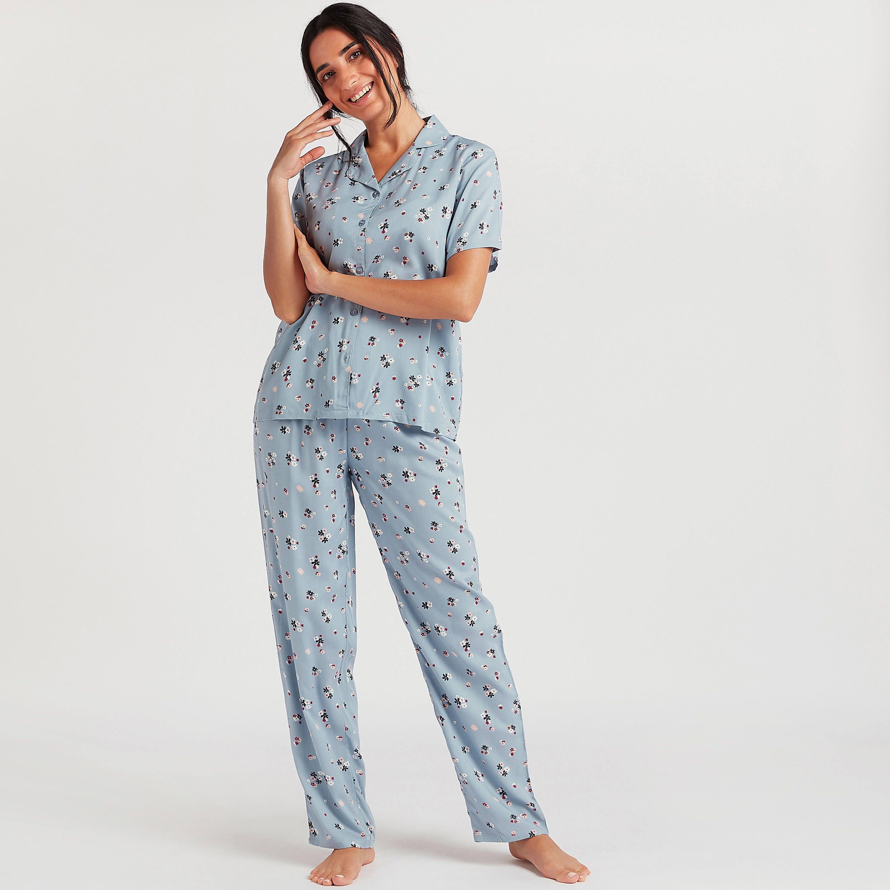 طقم بنطلون بيجاما وقميص بطبعات زهرية مع قناع عيون-women-clothing-nightwear-pyjamas-longsets-image-2