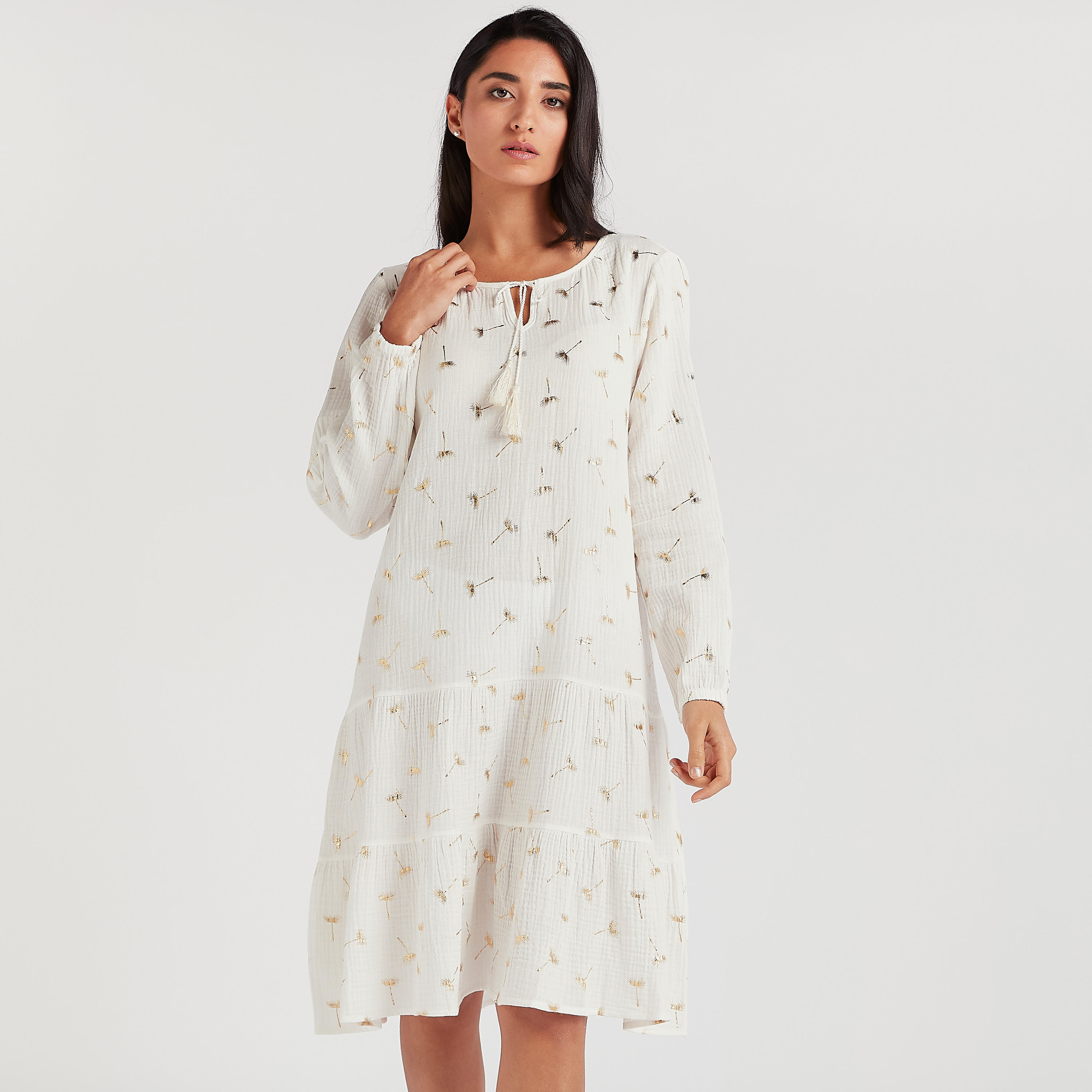 قميص نوم بياقة بأربطة وأكمام طويلة وطبعات-women-clothing-nightwear-nighties-image-1
