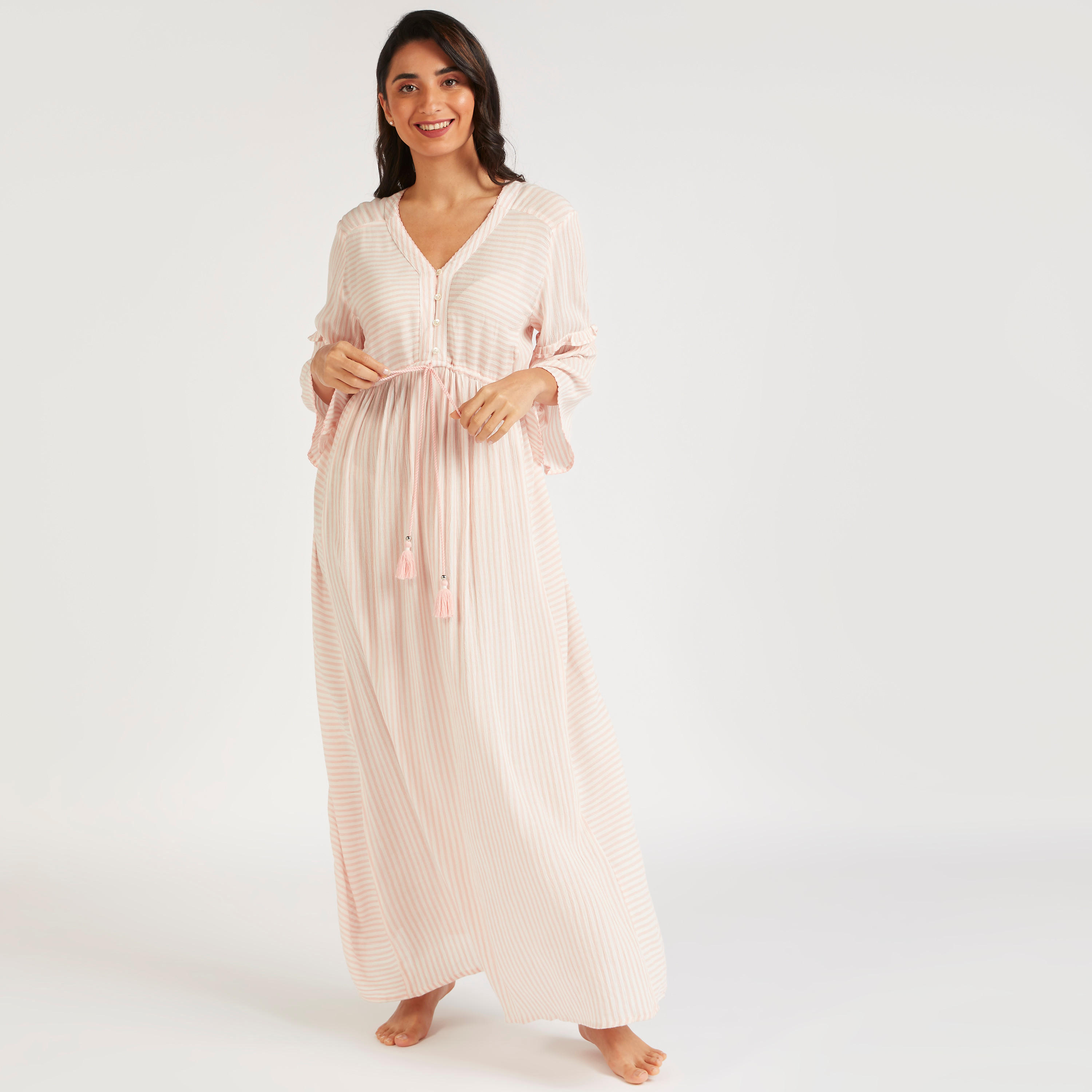 فستان مخطط برباط على الخصر وياقة على شكل حرف V-women-clothing-nightwear-nighties-image-1