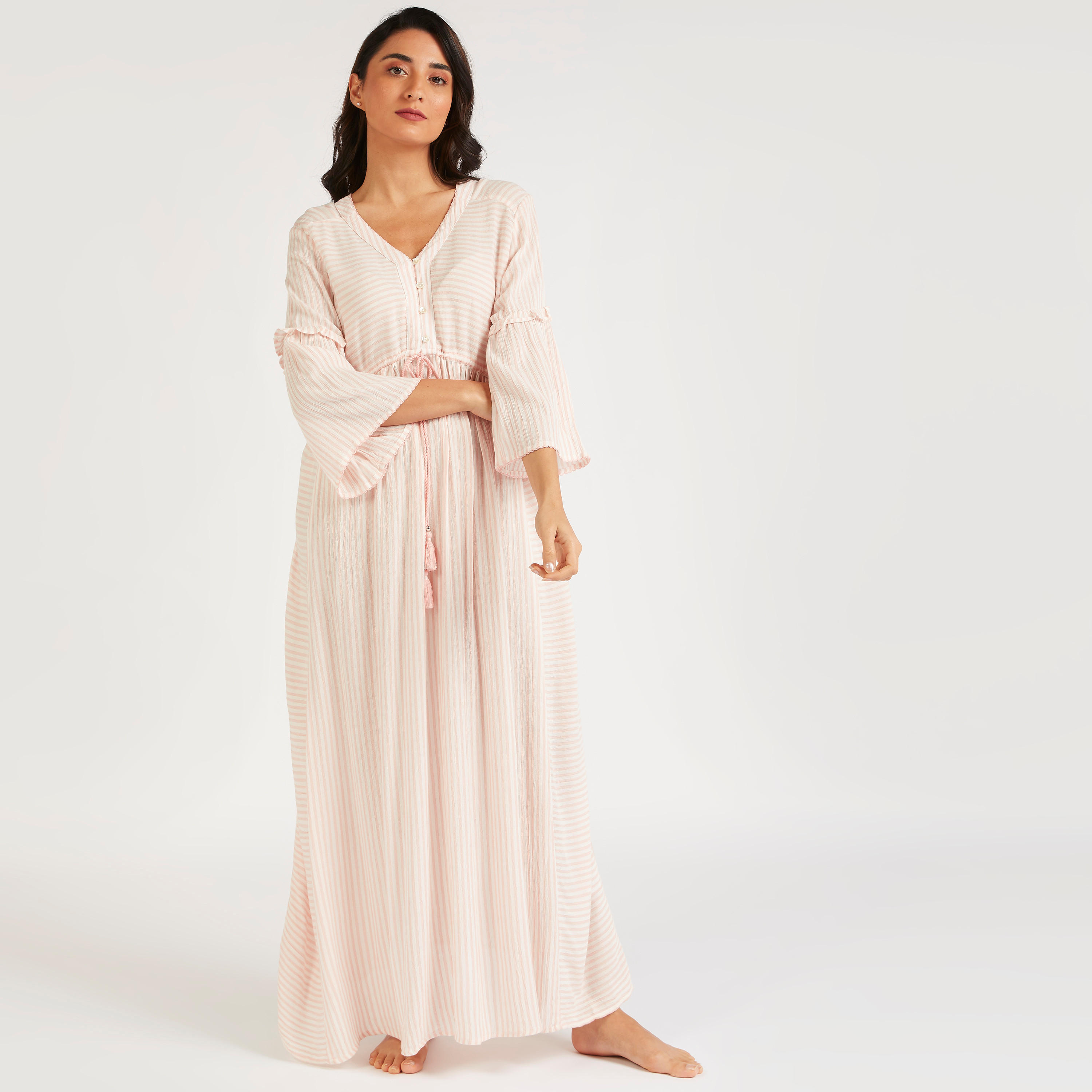 فستان مخطط برباط على الخصر وياقة على شكل حرف V-women-clothing-nightwear-nighties-image-6
