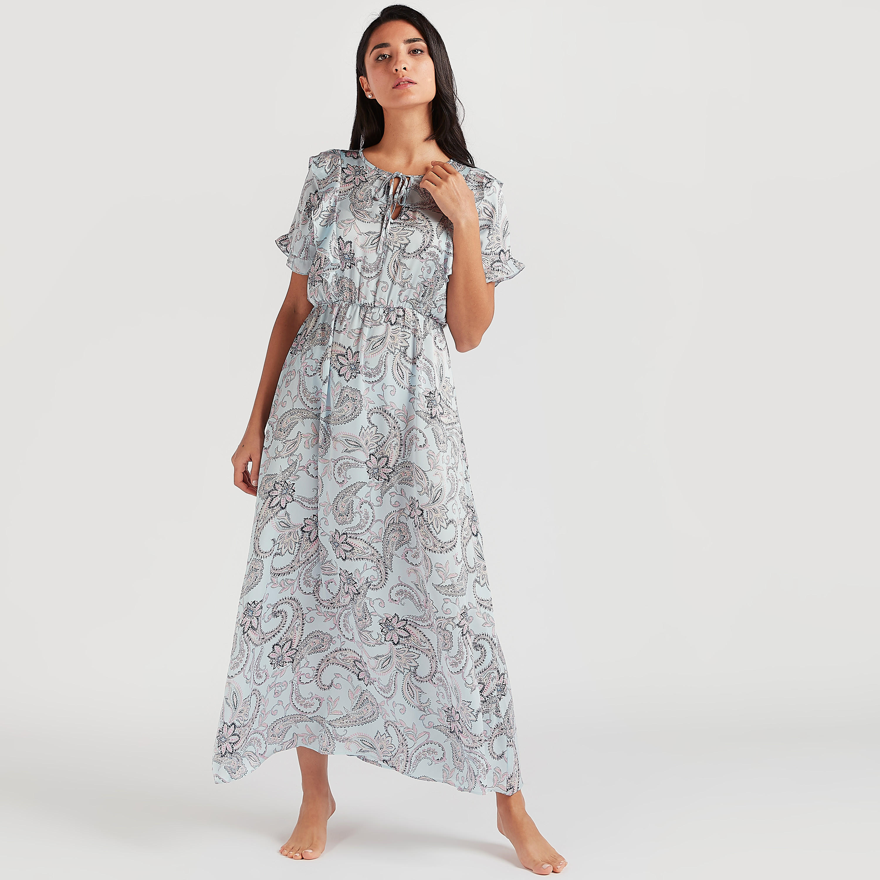 Paisley Print Night Gown with Short Sleeves and Tie-Ups-women-clothing-nightwear-nighties-image-1