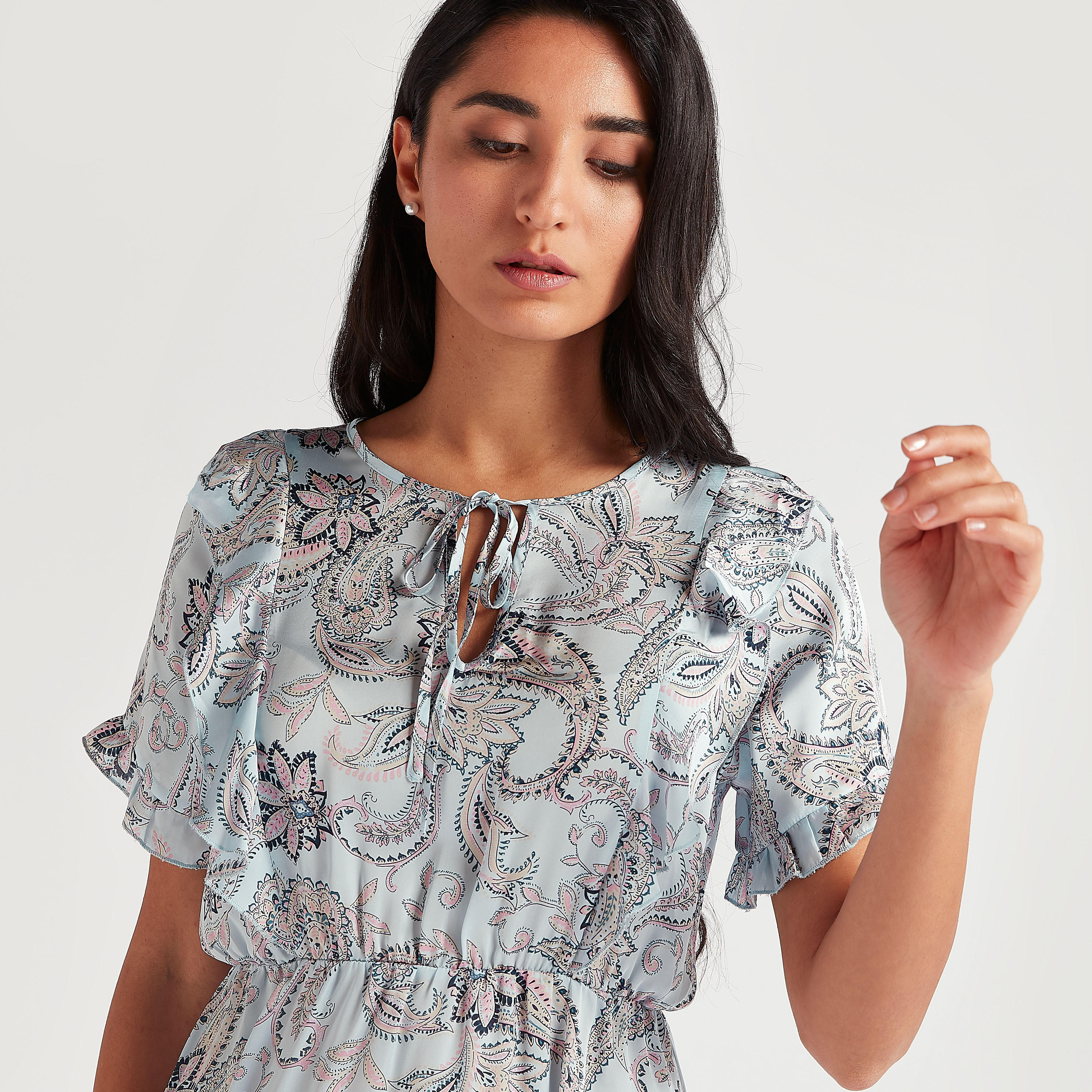 Paisley Print Night Gown with Short Sleeves and Tie-Ups-women-clothing-nightwear-nighties-image-2