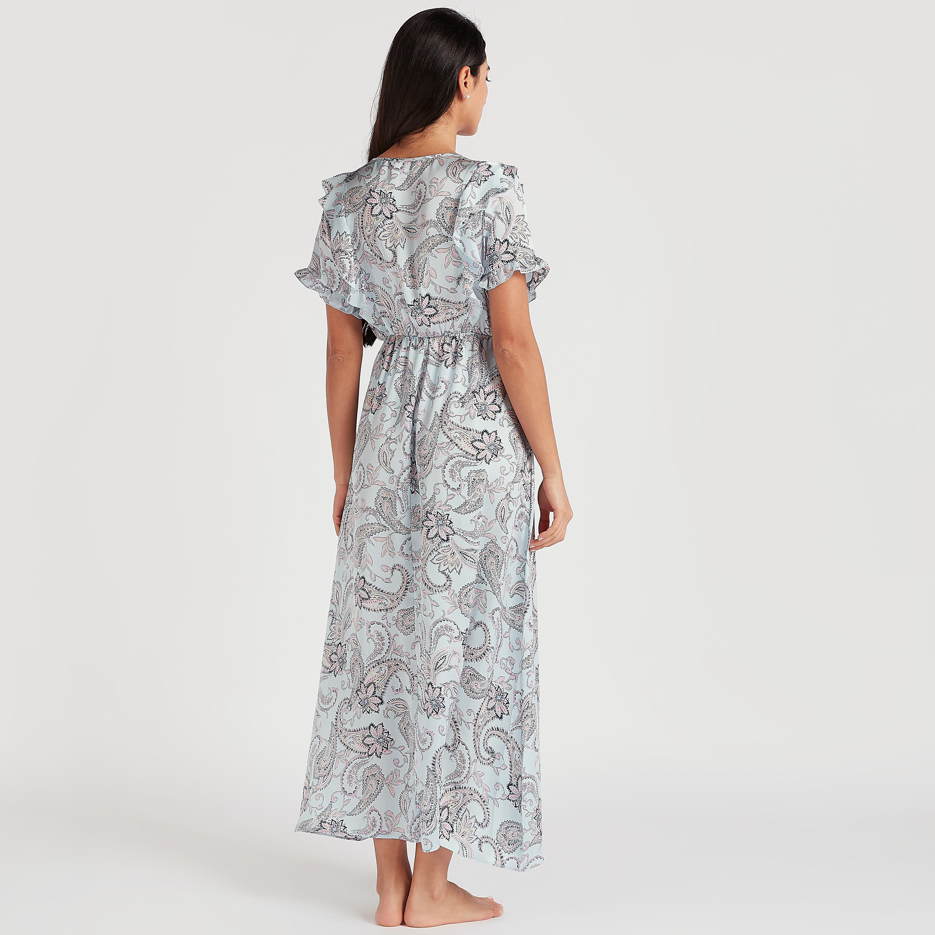 Paisley Print Night Gown with Short Sleeves and Tie-Ups-women-clothing-nightwear-nighties-image-3