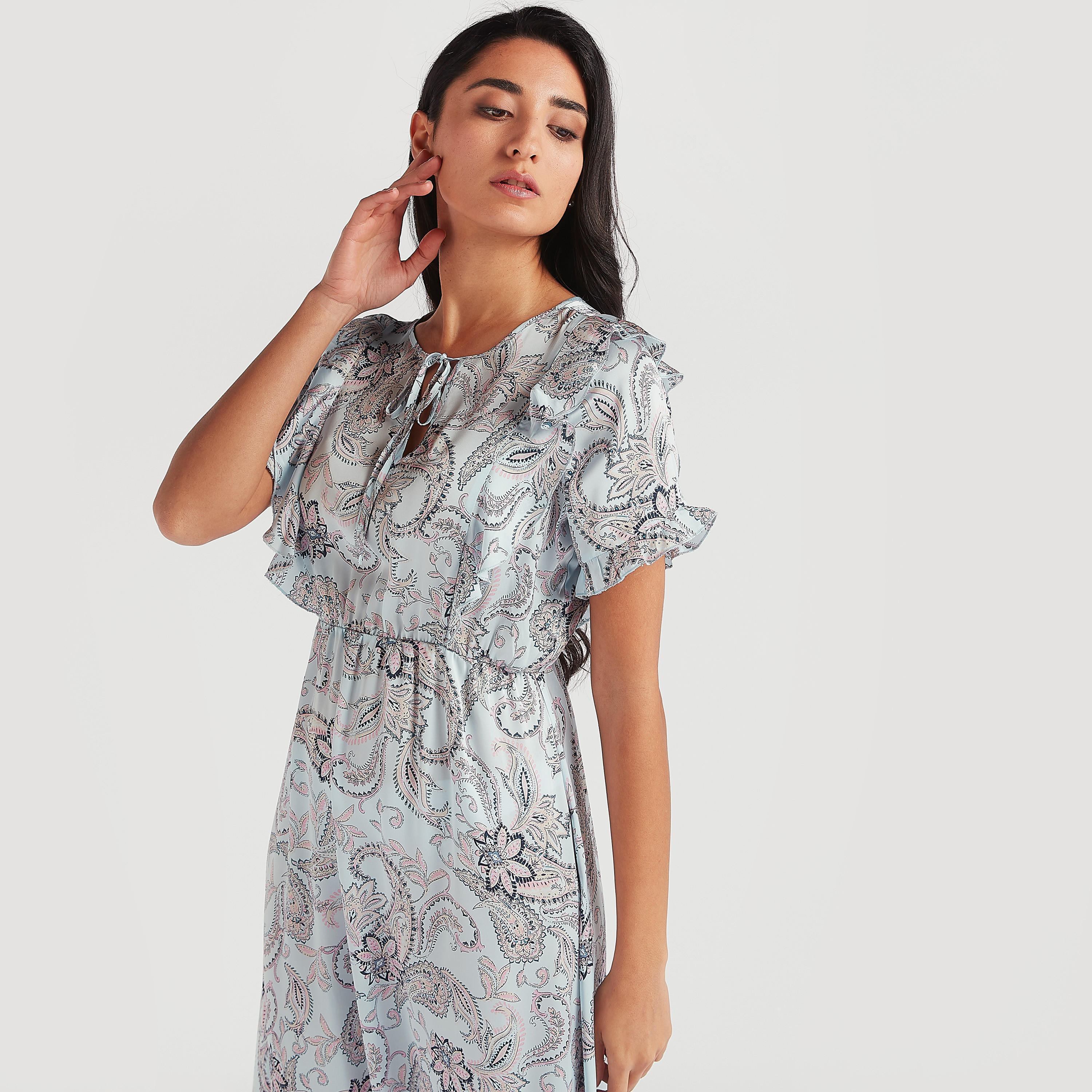Paisley Print Night Gown with Short Sleeves and Tie-Ups-women-clothing-nightwear-nighties-image-4