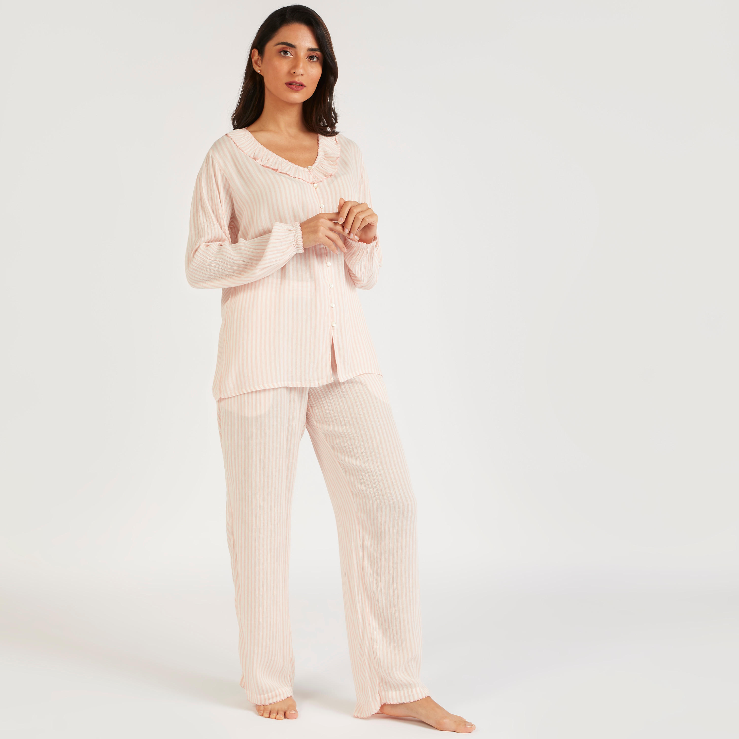 طقم بنطلون بيجاما طويل وقميص مقلّم-women-clothing-nightwear-pyjamas-longsets-image-1