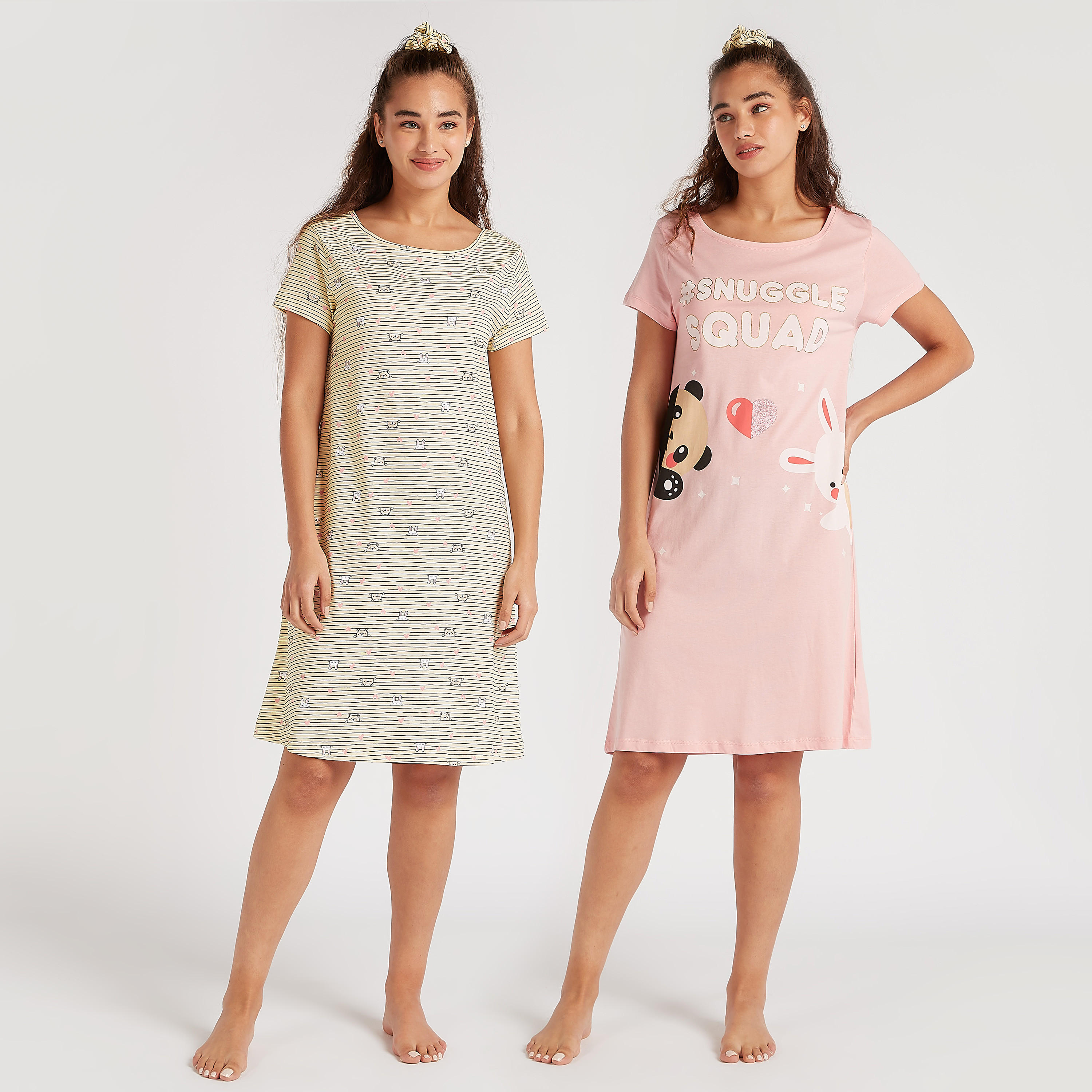 طقم قمصان نوم بطبعات وأكمام قصيرة - قطعتين-women-clothing-nightwear-nighties-image-1