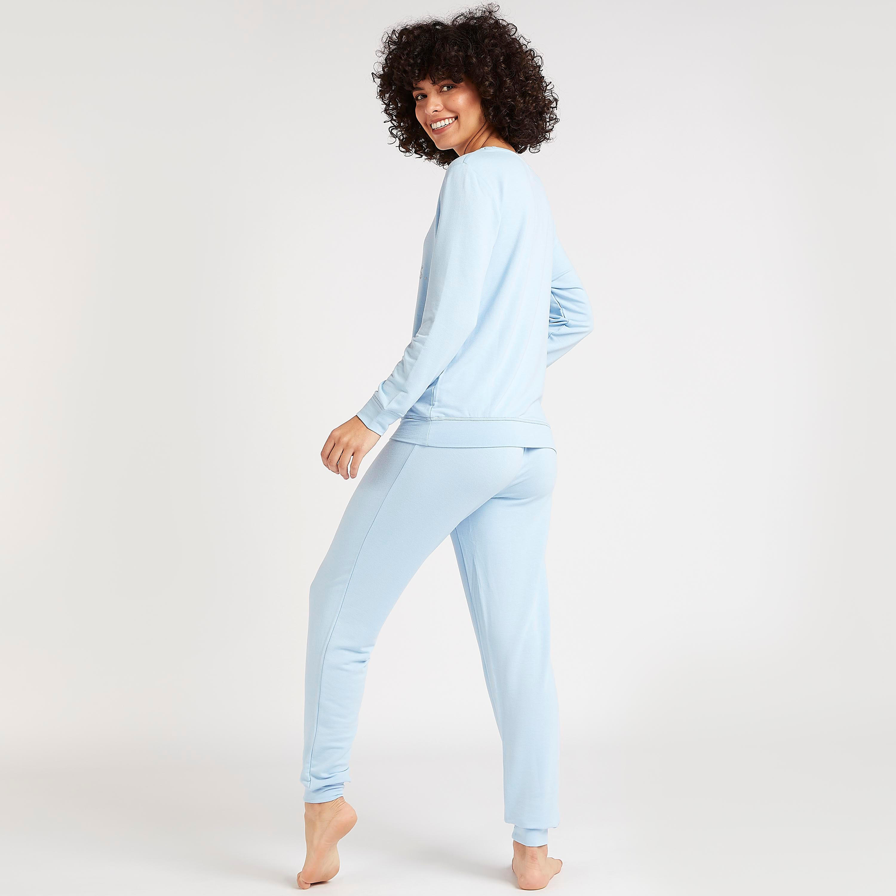 طقم بنطلون بيجاما طويل وتيشيرت بياقة مستديرة وطبعات-women-clothing-nightwear-pyjamas-longsets-image-3