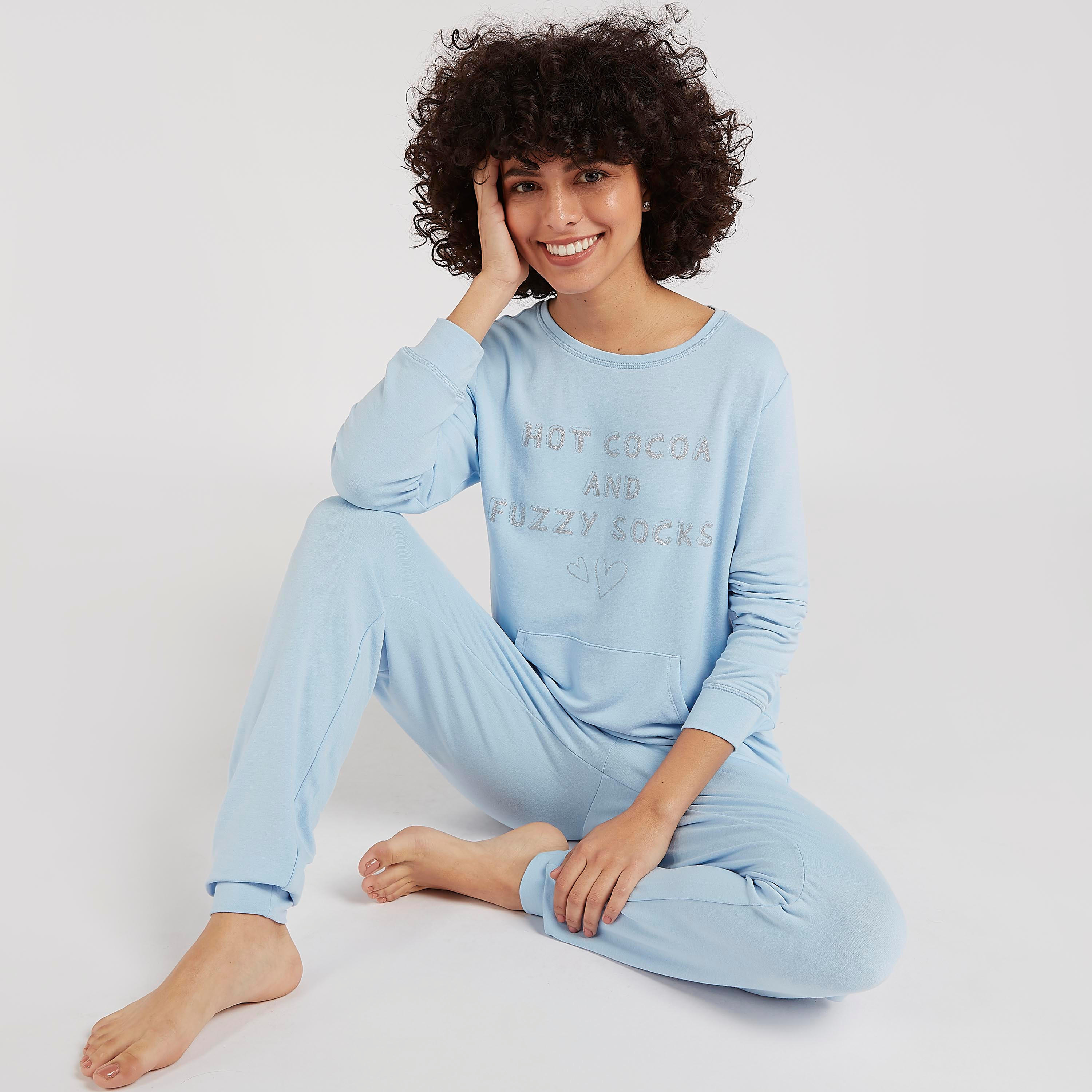 طقم بنطلون بيجاما طويل وتيشيرت بياقة مستديرة وطبعات-women-clothing-nightwear-pyjamas-longsets-image-4