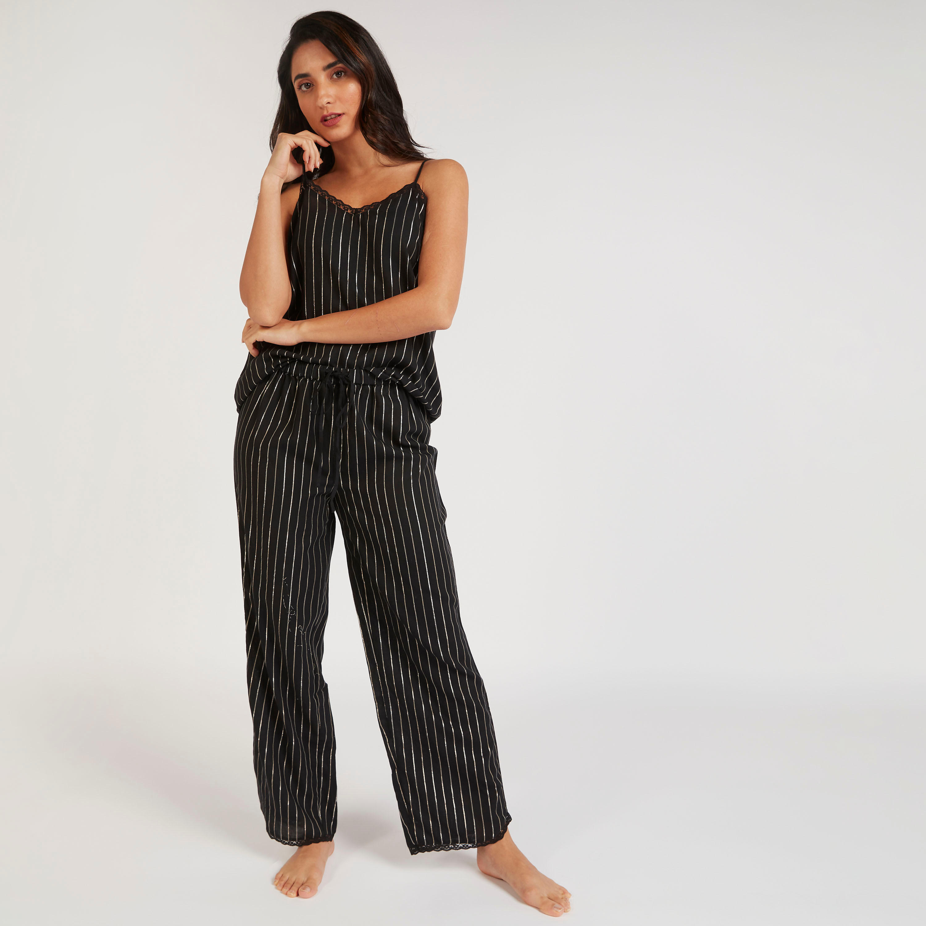 Striped Full Length Pyjama with Drawstring Closure-women-clothing-nightwear-pyjamas-bottoms-image-2