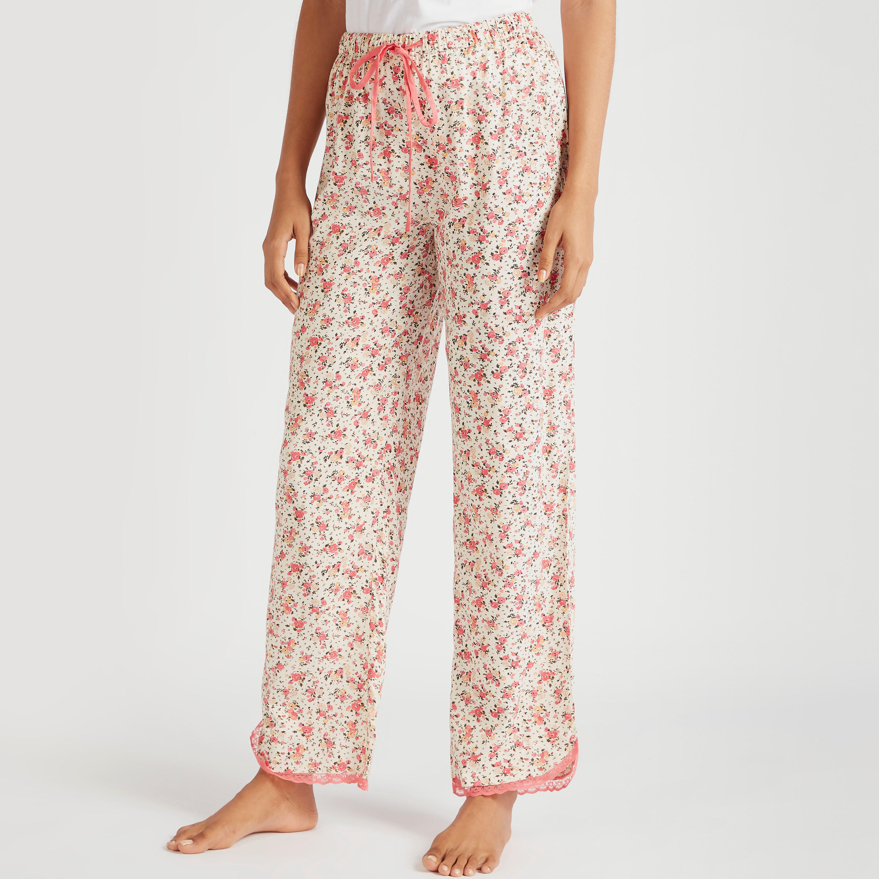Floral Print Full Length Pyjamas with Drawstring Closure-women-clothing-nightwear-pyjamas-bottoms-image-1