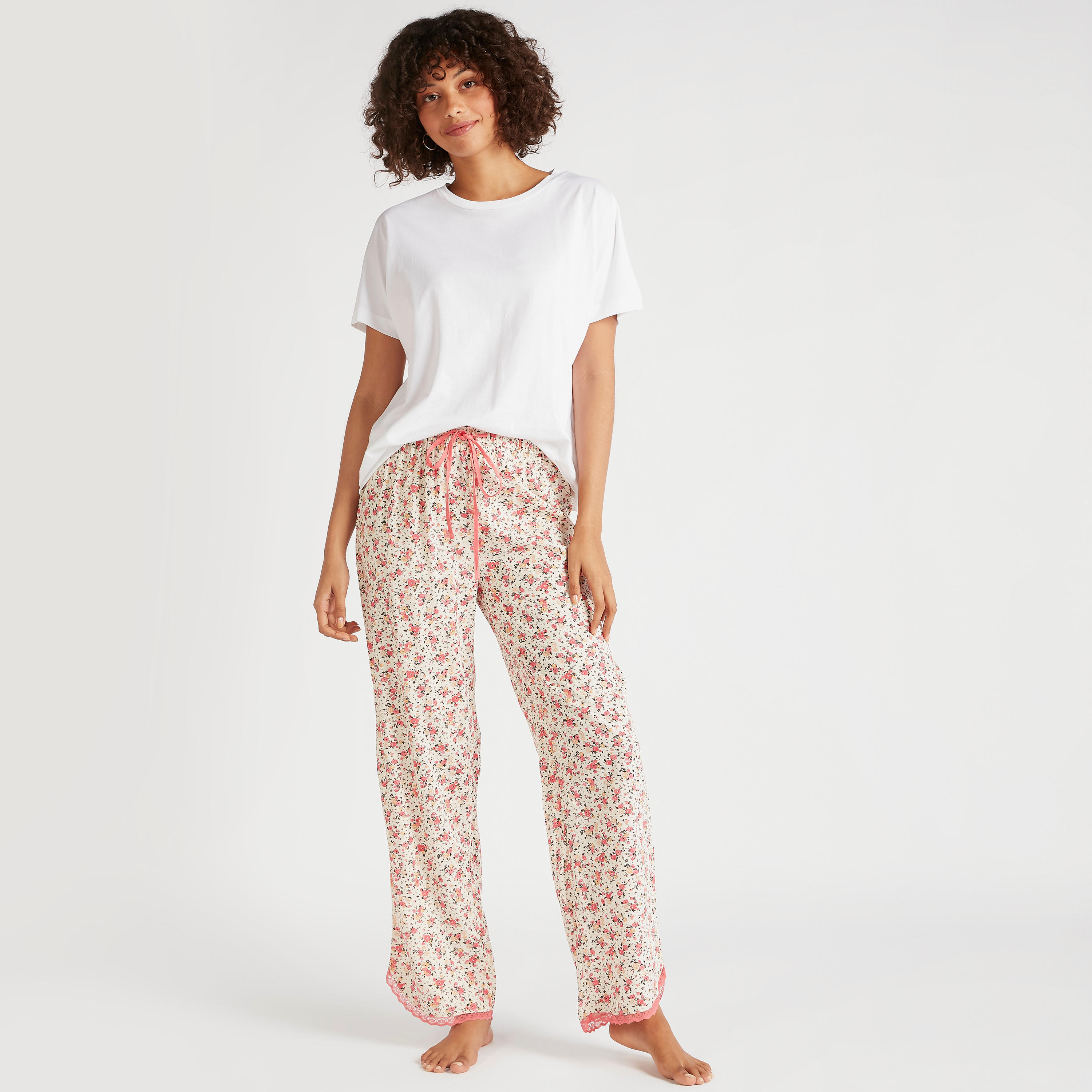 Floral Print Full Length Pyjamas with Drawstring Closure-women-clothing-nightwear-pyjamas-bottoms-image-2