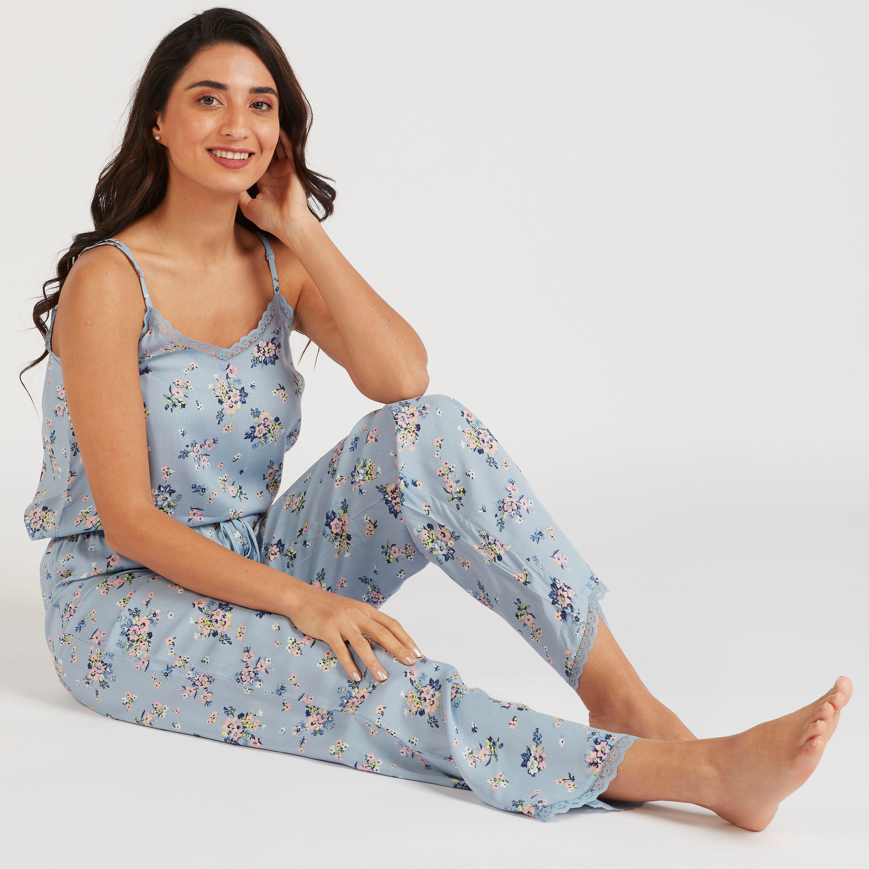 Floral Print Full Length Pyjama with Drawstring Closure-women-clothing-nightwear-pyjamas-bottoms-image-1